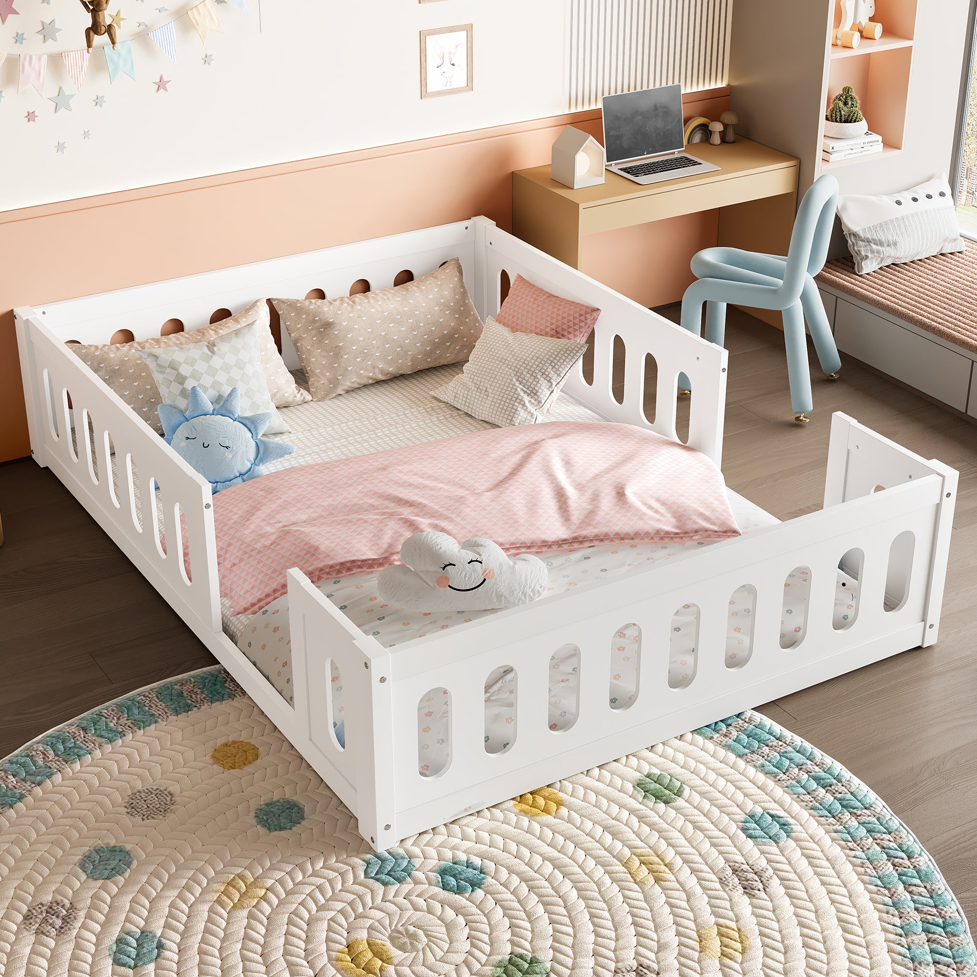 Wooden Platform Bed, 140x200 with Railing, White