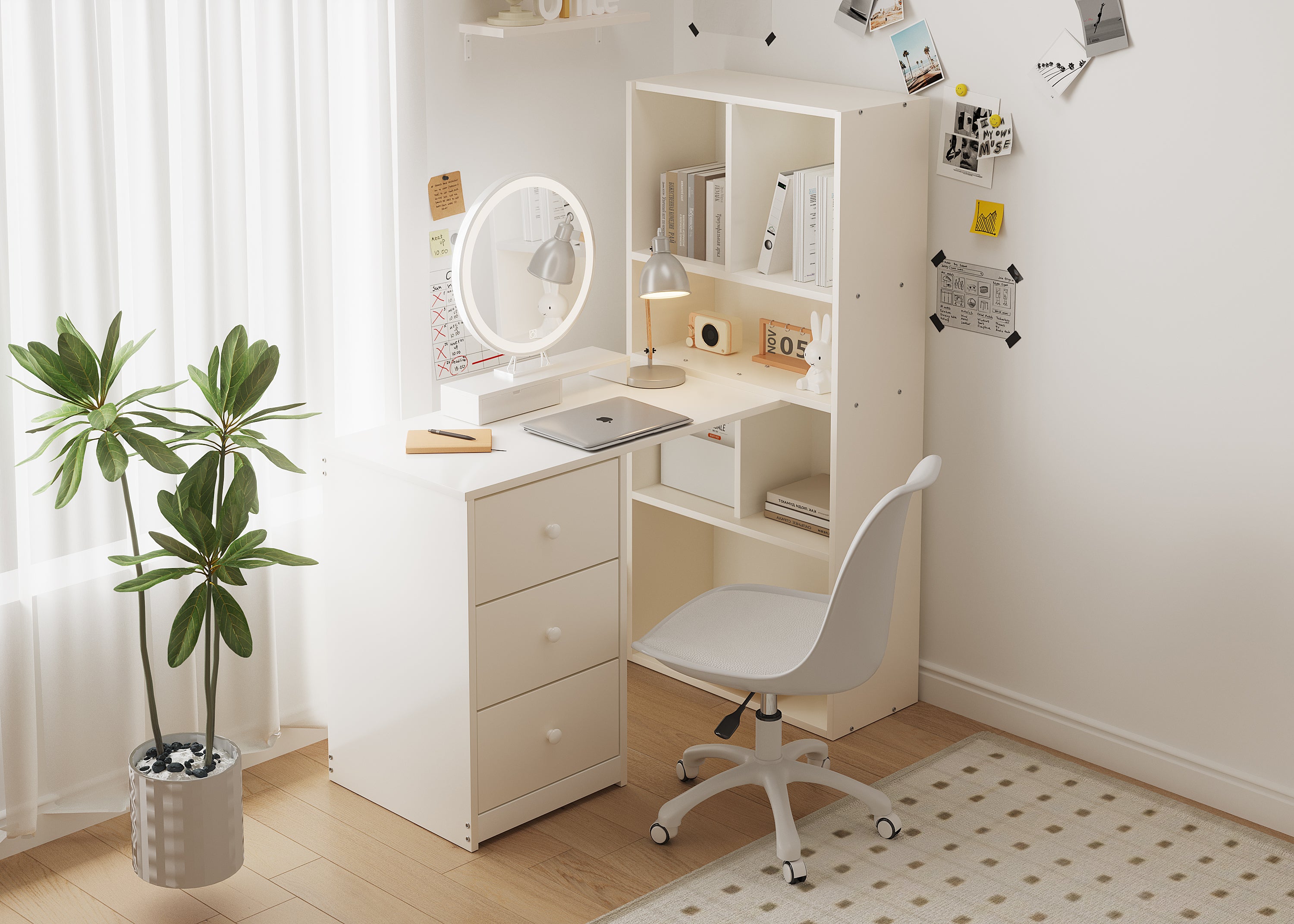 Corner Desk with Bookshelf, 4 Storage and 3 Drawers, White