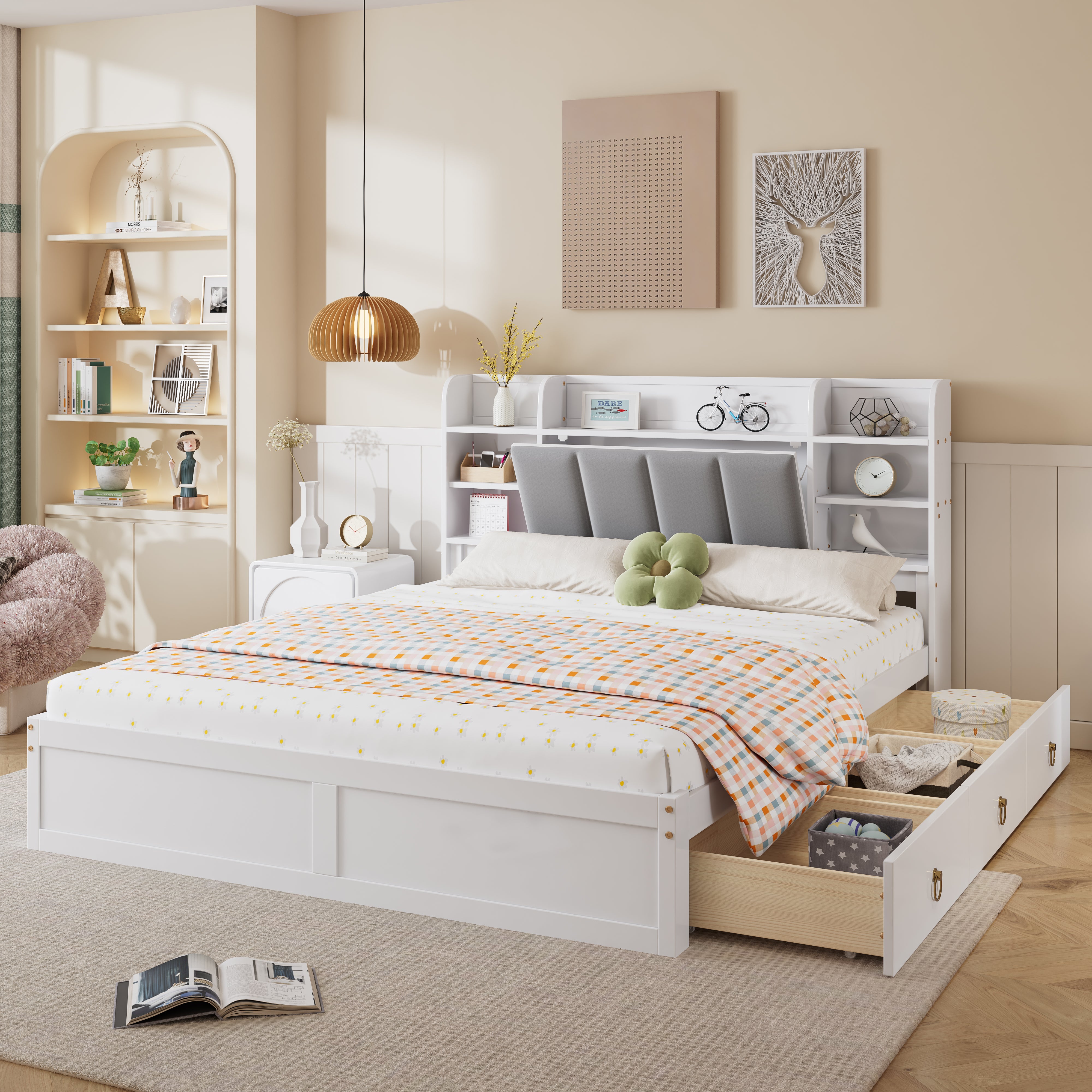Double Bed, Open Shelf, 3 Drawers, Pine Frame, White+Grey