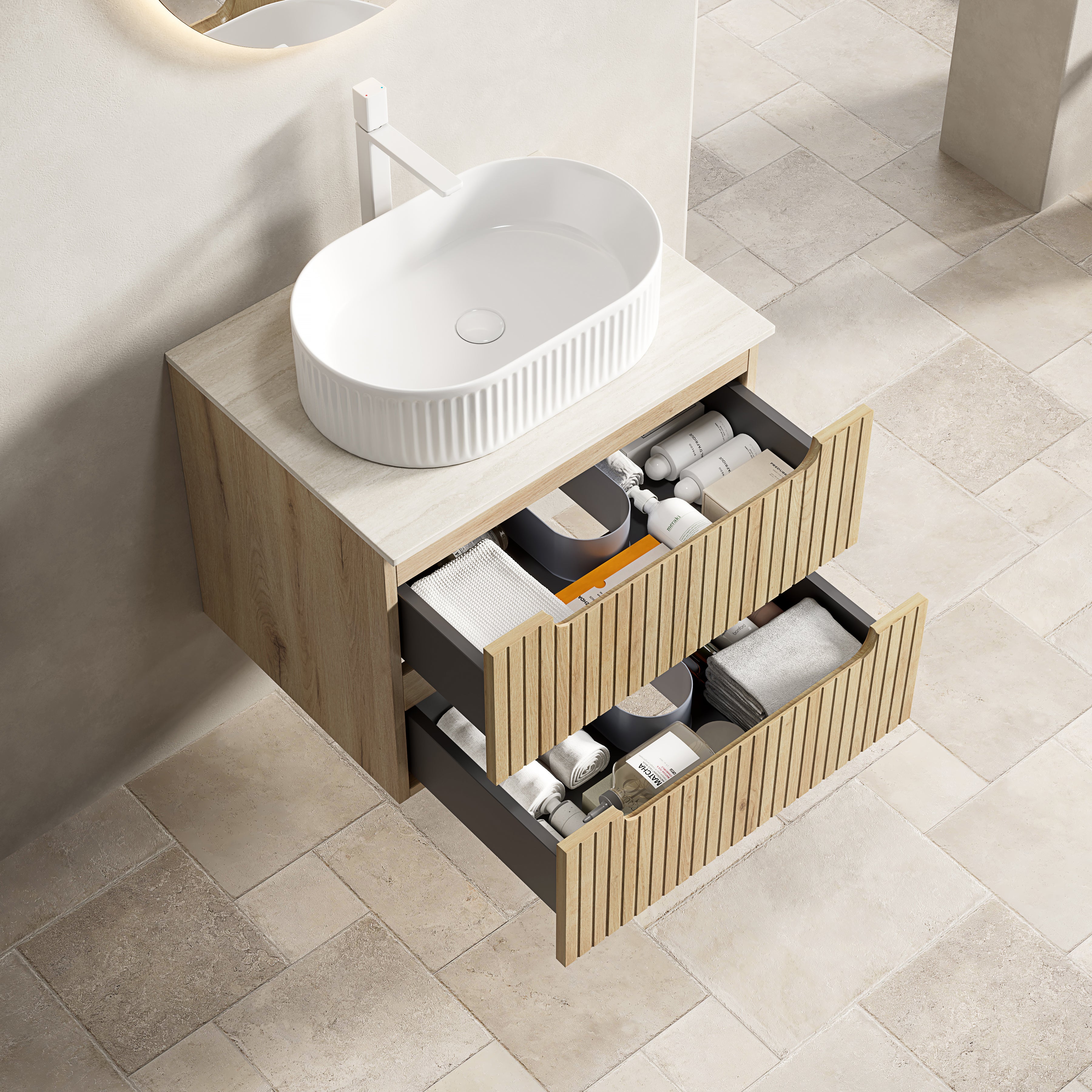 GREA Floating Vanity Unit 60cm Oval Sink 2 Drawers White Oak