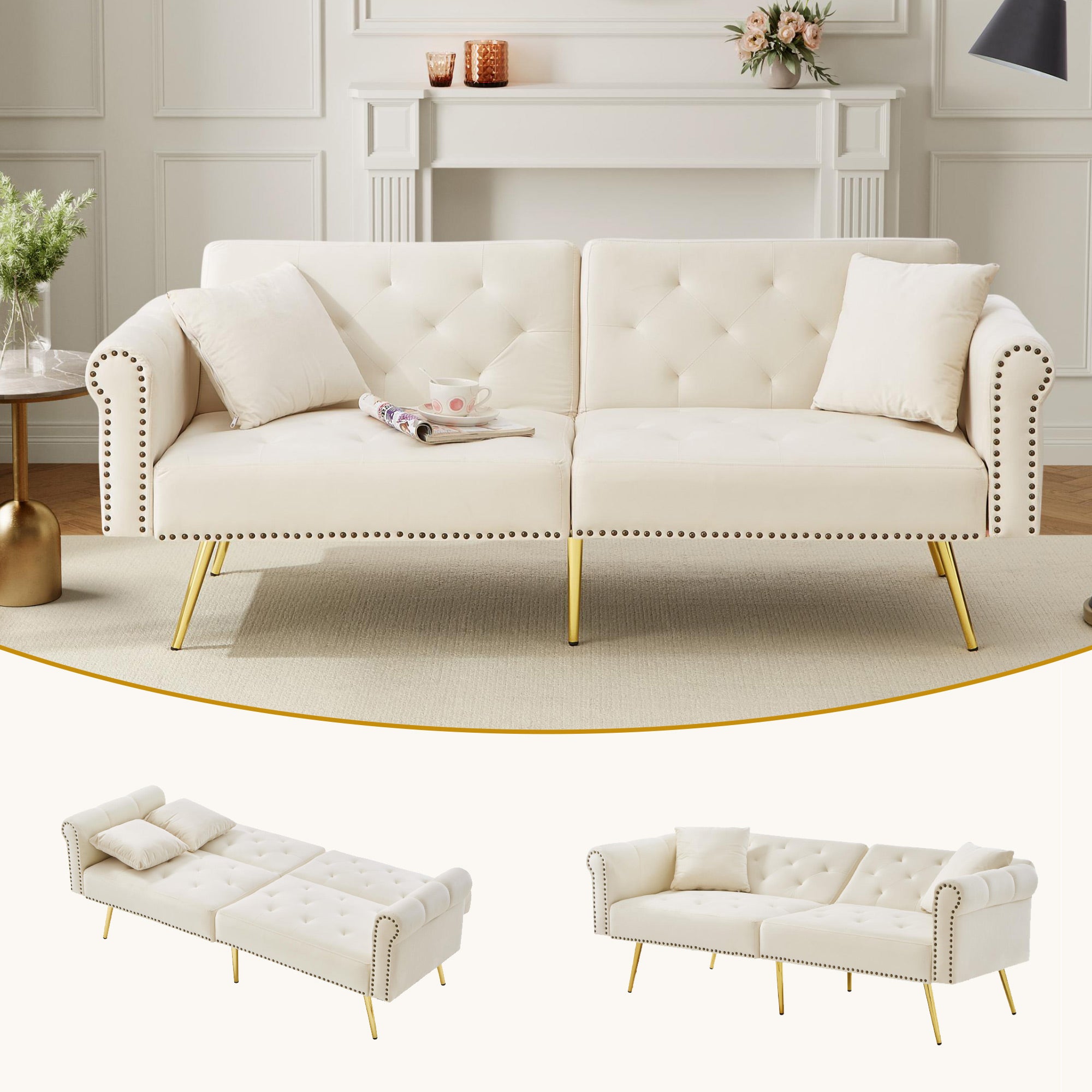 2-Seater Sofa Bed 3-Position Adjustable Back Gold Legs - Velvet