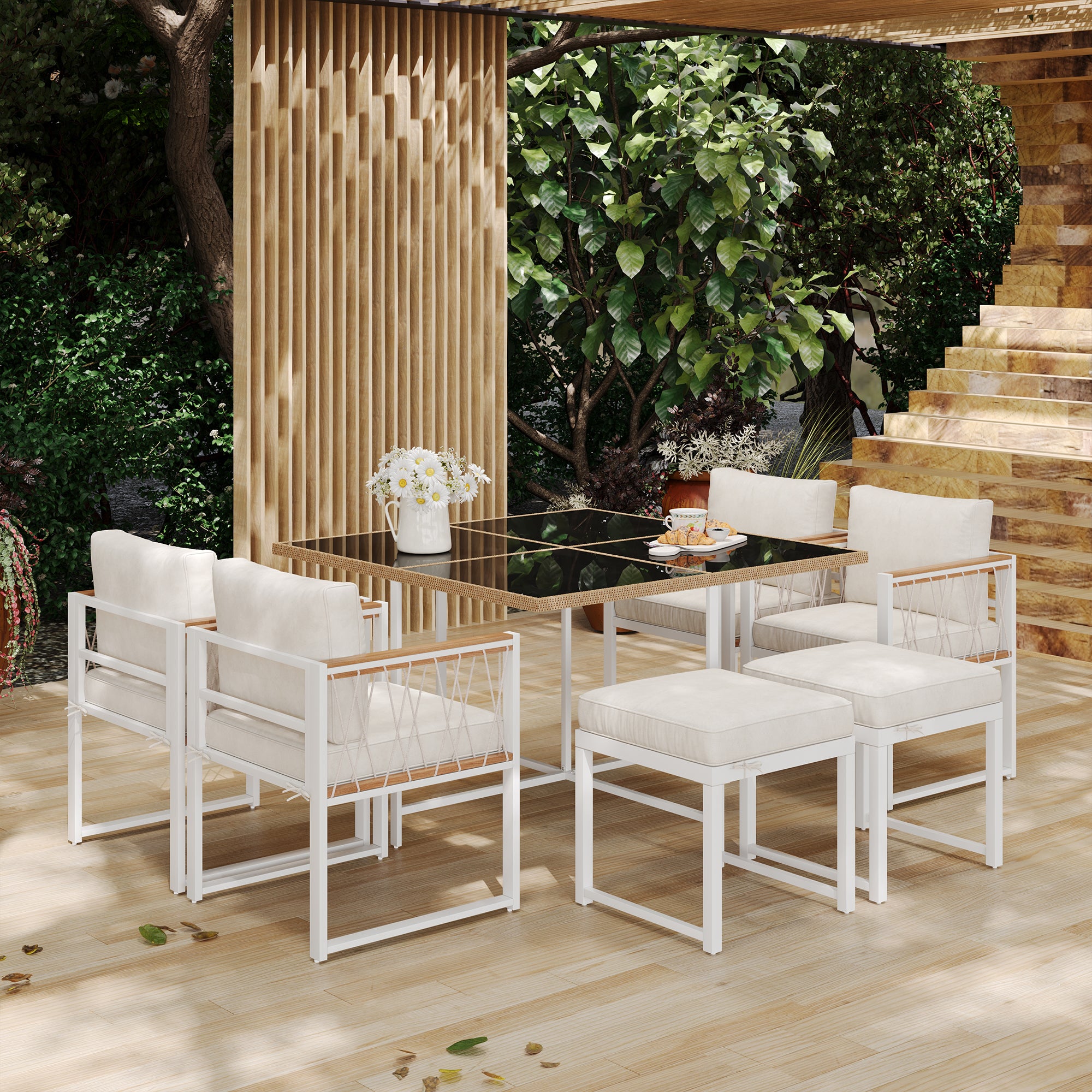 7-Piece Outdoor Dining Set, Tempered Glass PE Rattan, Acacia Wood