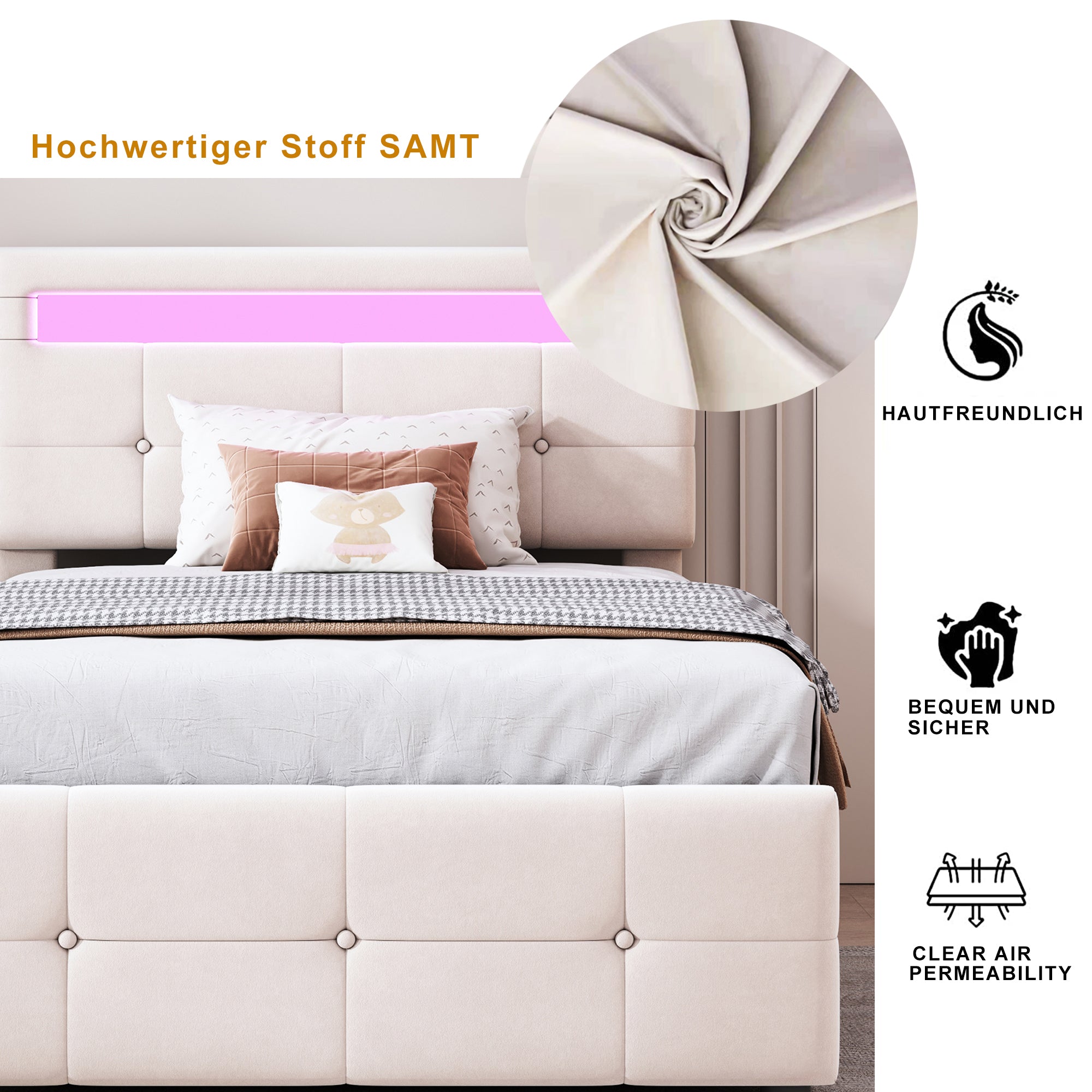 Upholstered Children's Bed 90x200cm, LED, Hydraulic Storage, Adjustable Headboard, Velvet Beige