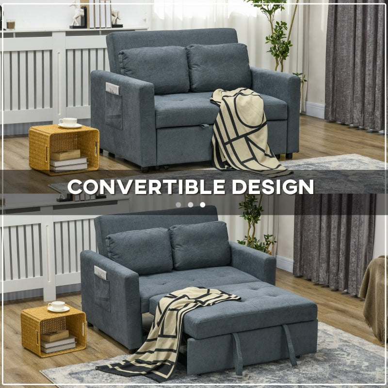Loveseat Sofa Bed, Convertible Settee with 2 Cushions and Side Pockets, Charcoal Grey