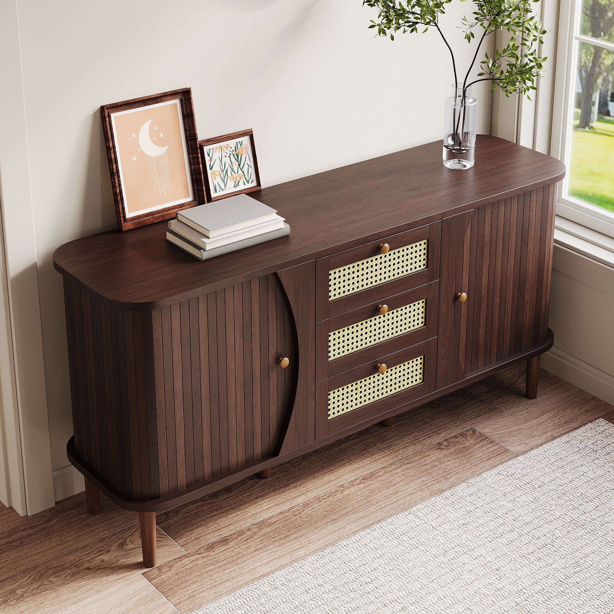 Sideboard, Rattan Drawers with Sliding Doors & Adjustable Shelves, Wood Color