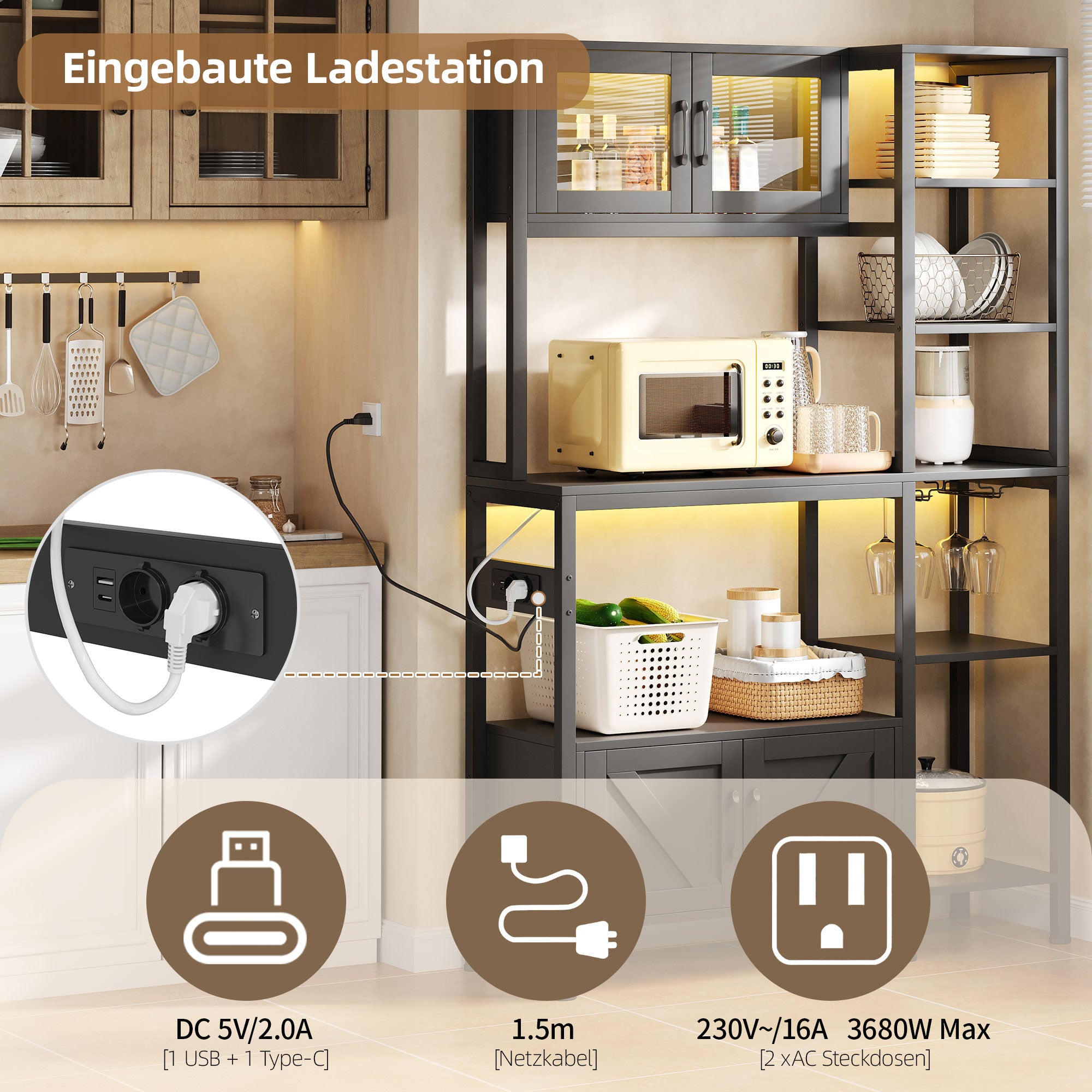 Kitchen Baker's Rack with Power Outlet and LED Lights, Microwave Shelf and Wine Glass Holder, Particle Board and Stainless Steel