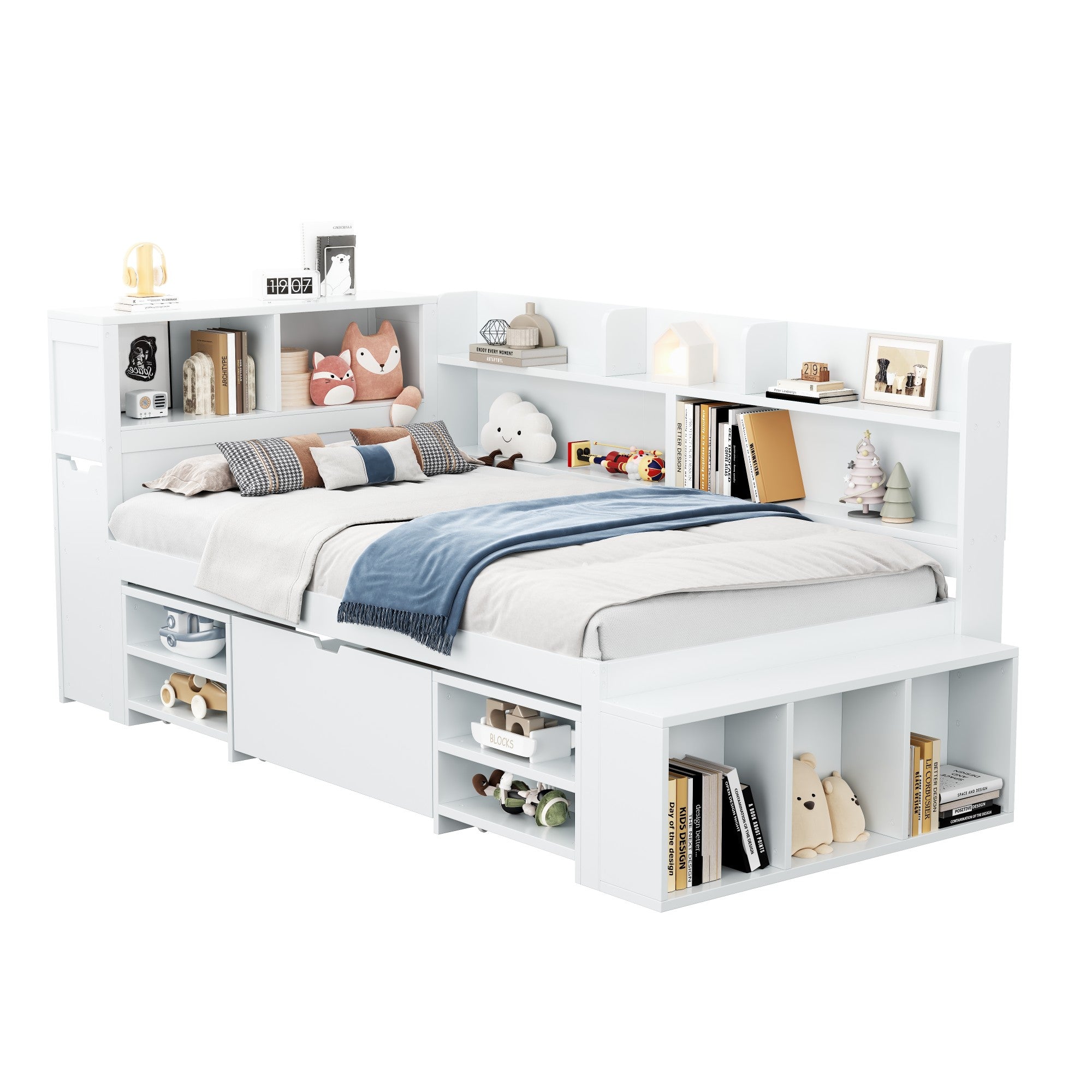Children's Bed, Single, Multifunctional with Storage and Slatted Base, White