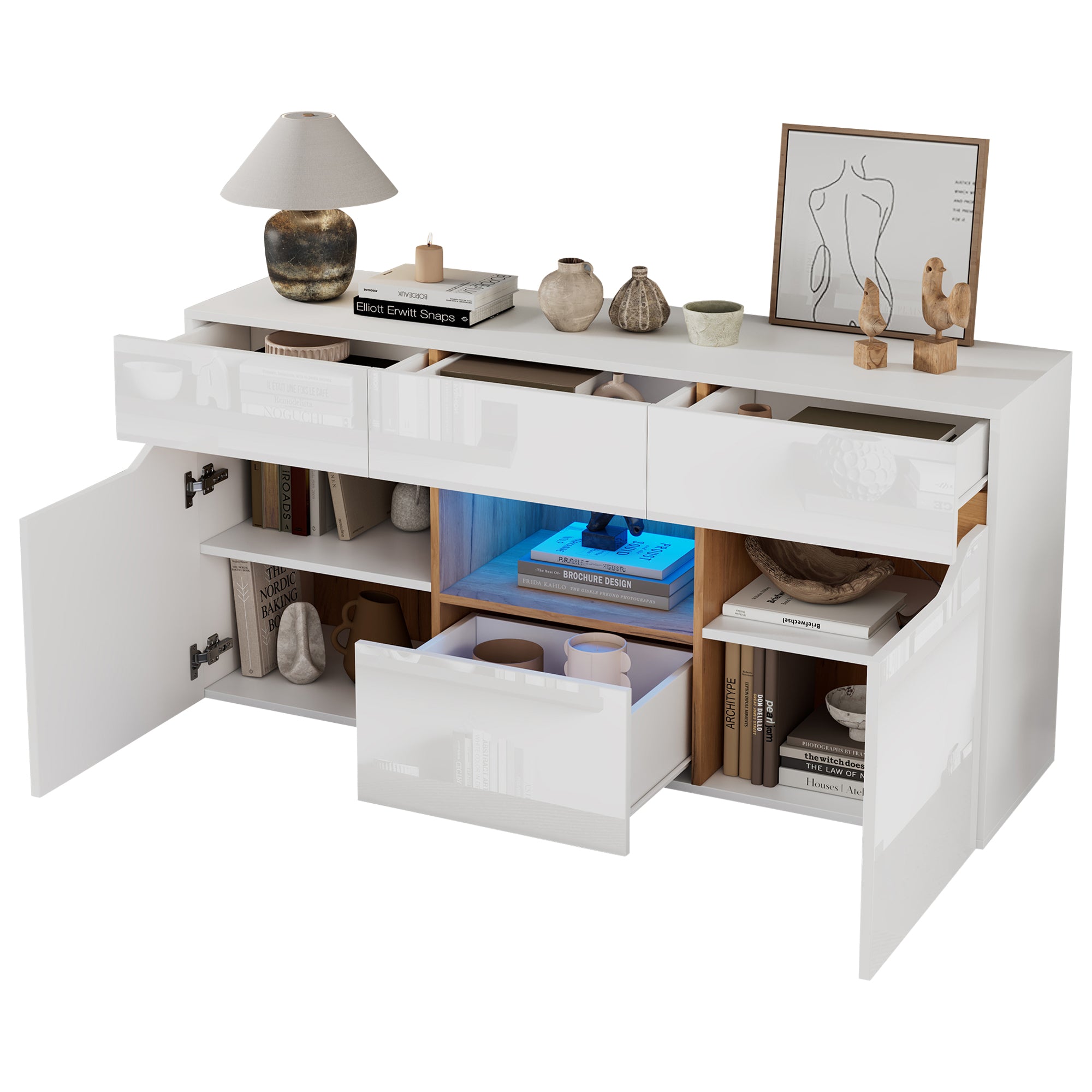 Living Room Sideboard, 4-Drawer Cabinet with LED Lighting, White & Wood