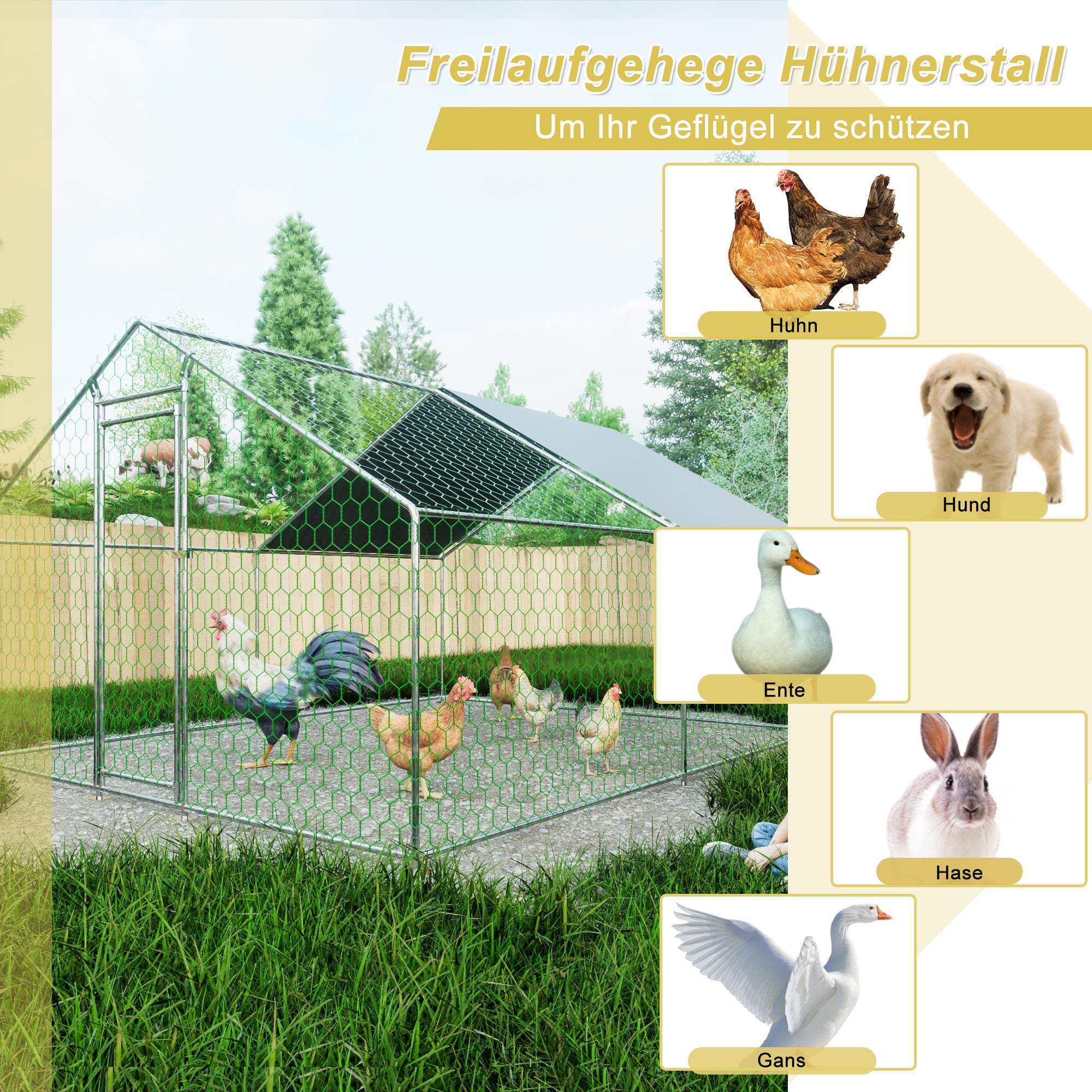 Free-range Chicken Coop, 3x4x2m with Safety Lock, Metal & PE Cloth