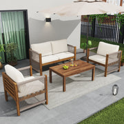 Garden Furniture Lounge Set with Double Sofa 2 Armchairs and Table, Acacia and Beige Rattan Look