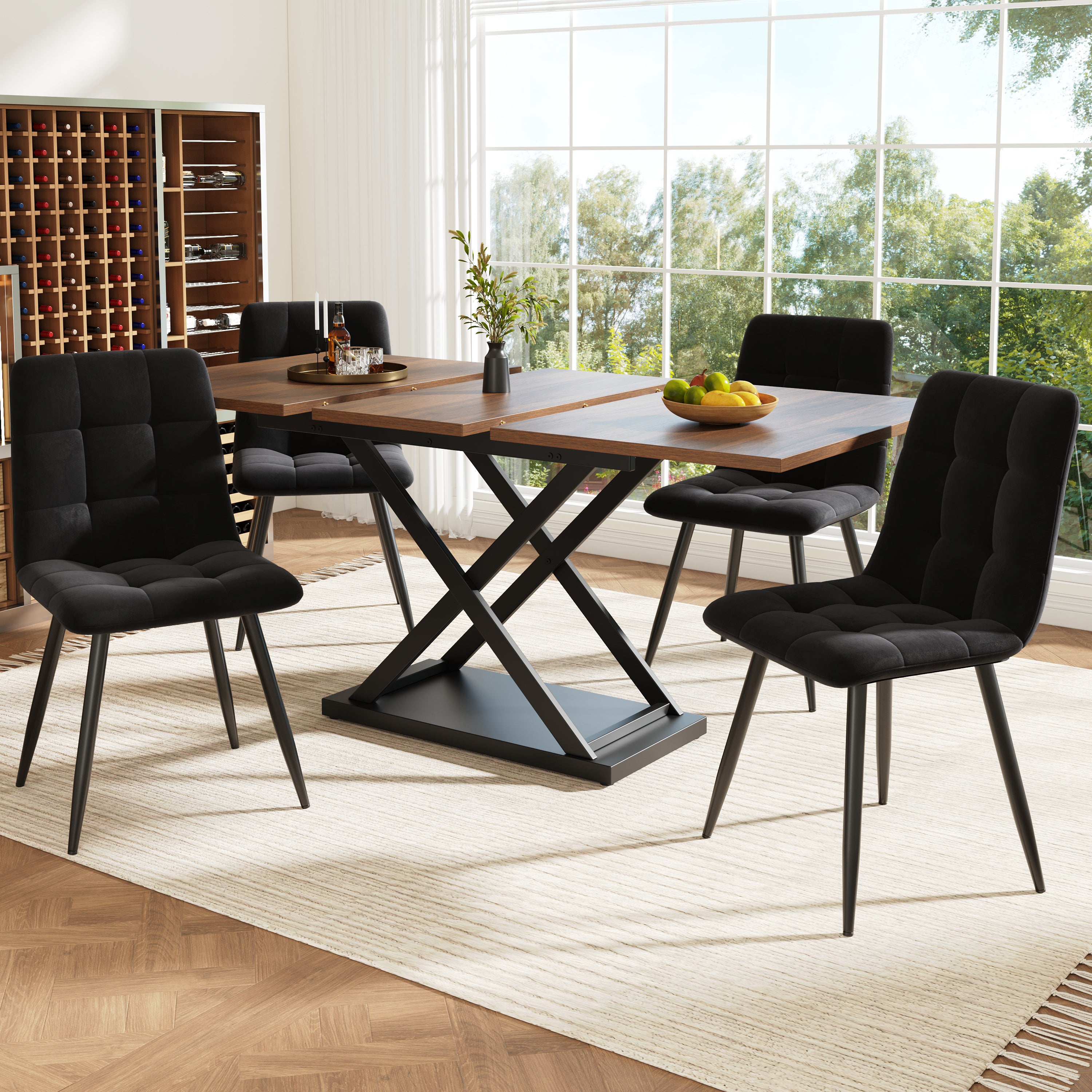 Dining Set, 5-Piece Extendable for 4, Black Velvet & Walnut