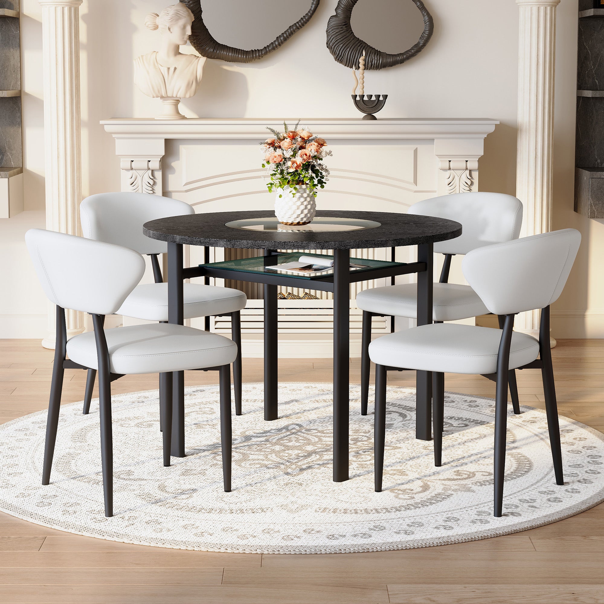 Modern Minimalist Round Table Set with 4 Armchairs, 100cm Diameter, Black Wood Look/White PU