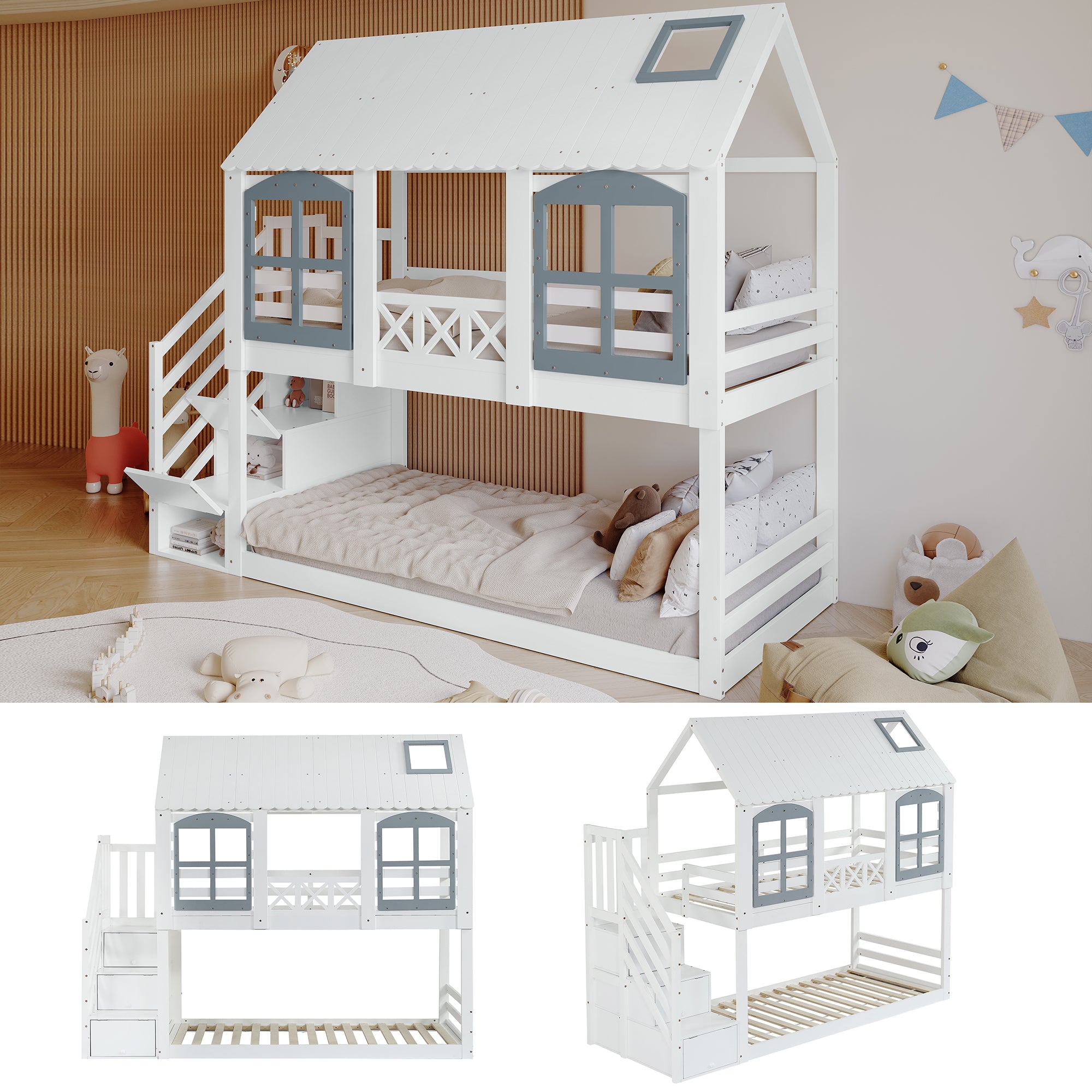 Bunk Bed with Roof & Window, Safety Gate & 3 Stair Lockers, 90x200cm Pine+MDF White+Grey