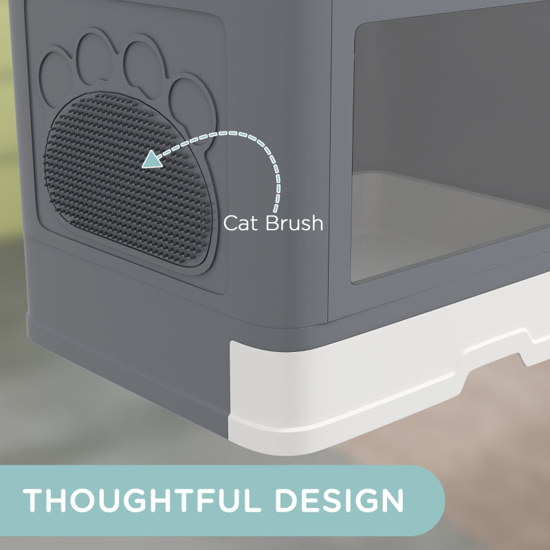 Enclosed Cat Litter Box with Lid, Front Entry, Top Exit, Drawer, Tray, Scoop, Brush - Grey