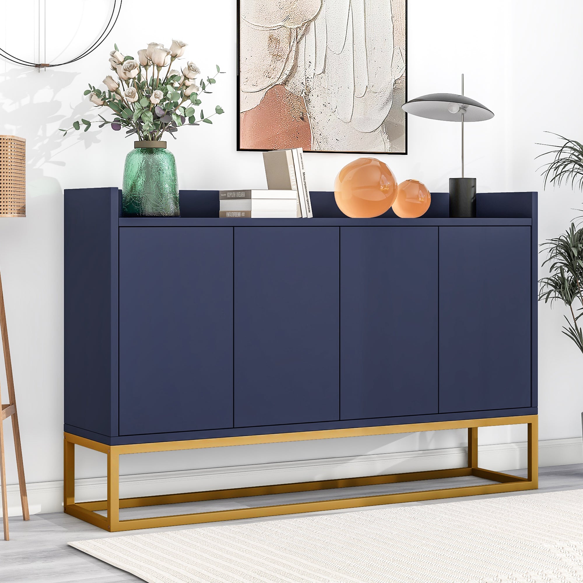 Sideboard, Modern Minimalist 4-Door Handleless Buffet, Navy Blue