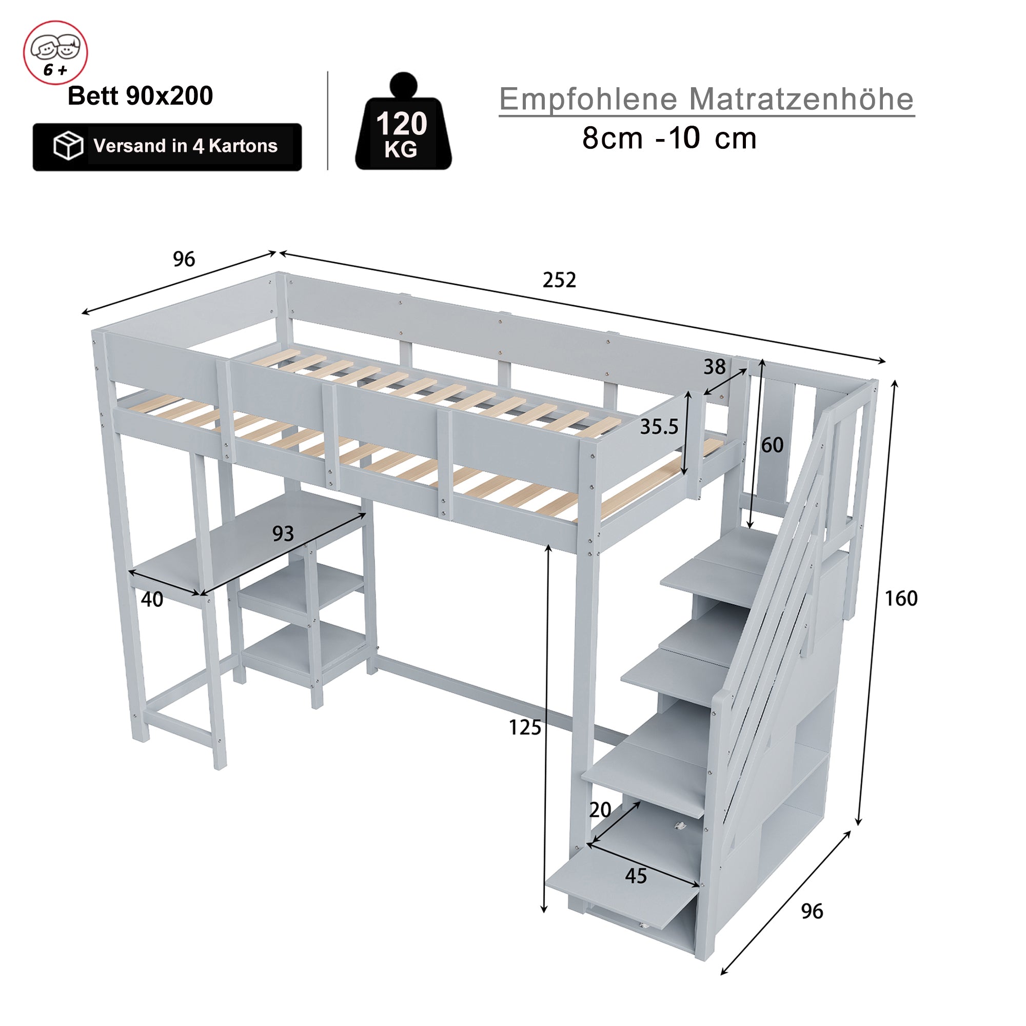 Bunk Bed, Multifunctional Loft with Storage & Shelf, Solid Pine Wood, Grey