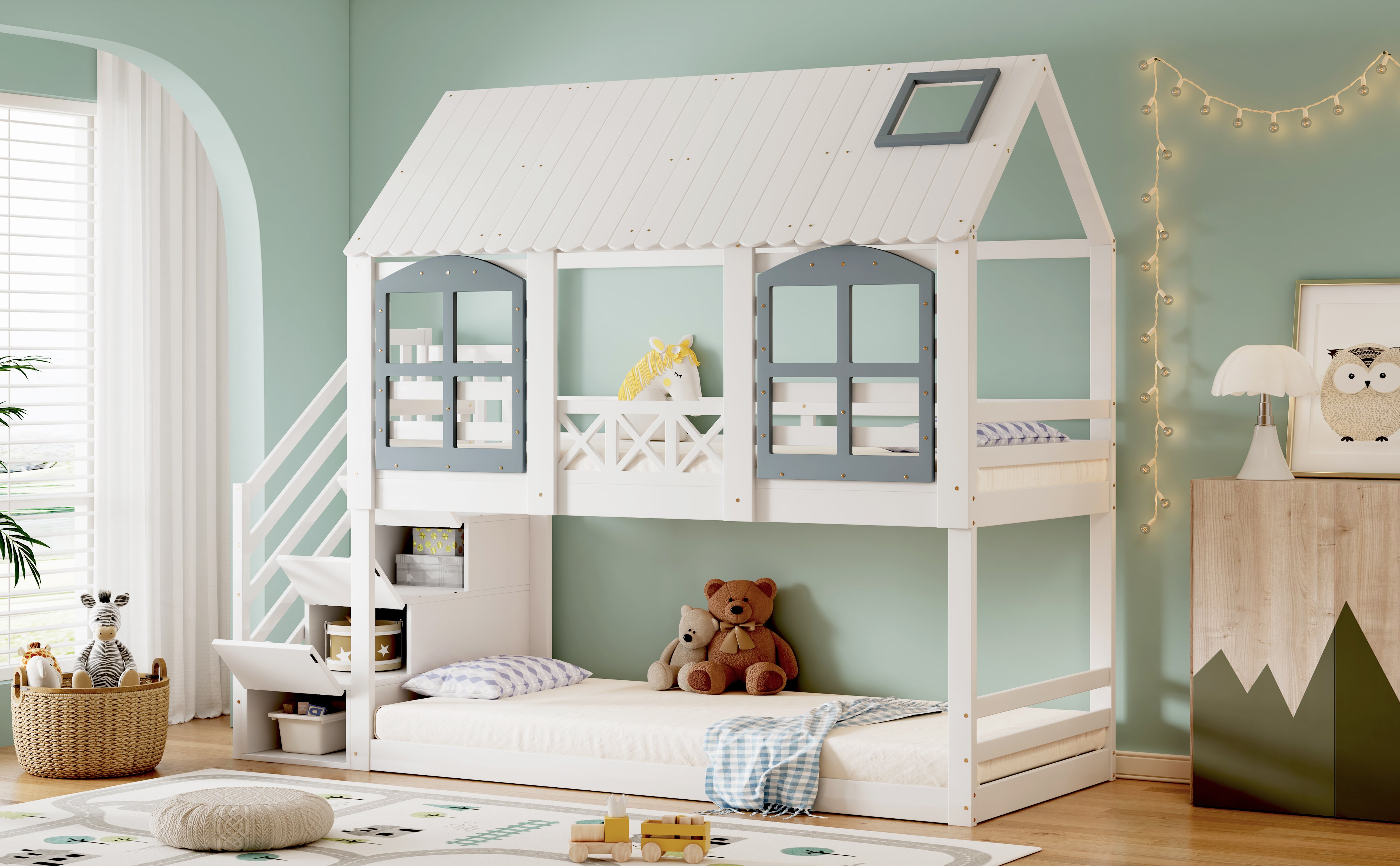 Bunk Bed with Roof & Window, Safety Gate & 3 Stair Lockers, 90x200cm Pine+MDF White+Grey