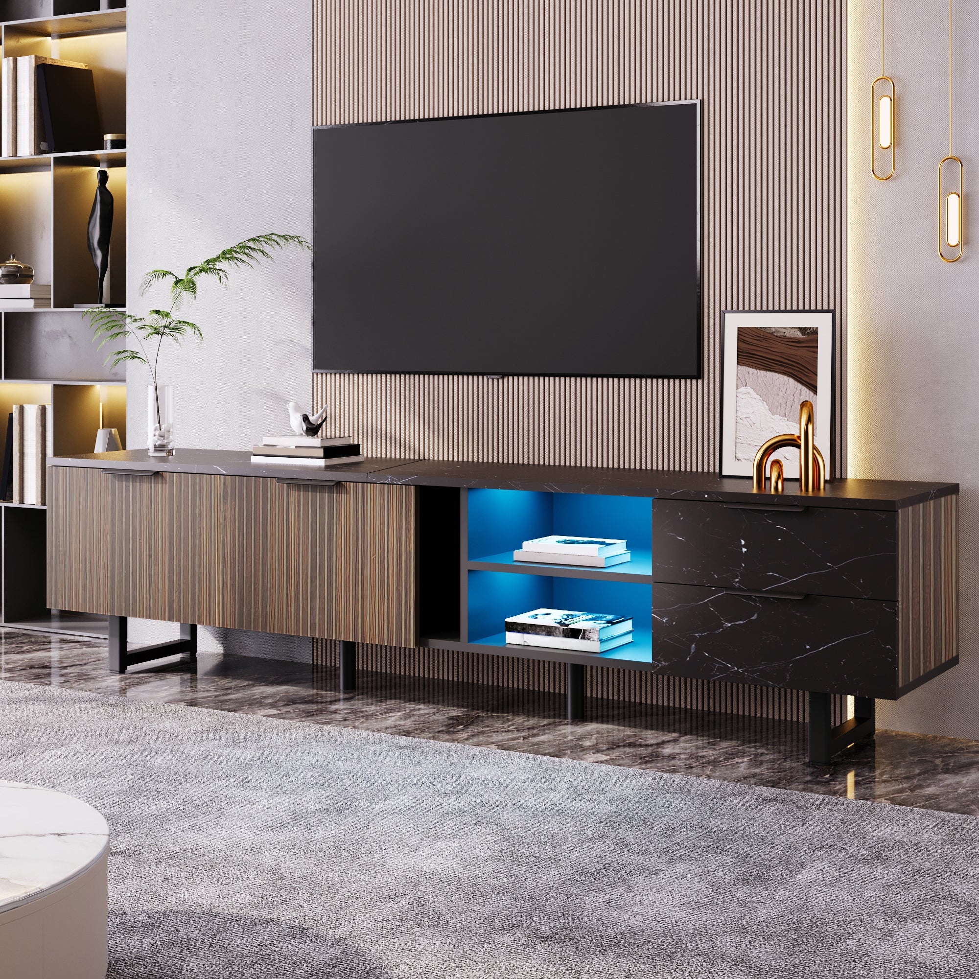 TV Cabinet, 200cm, Adjustable LED, 2 Doors, 2 Drawers, Black Marble & Dark Wood