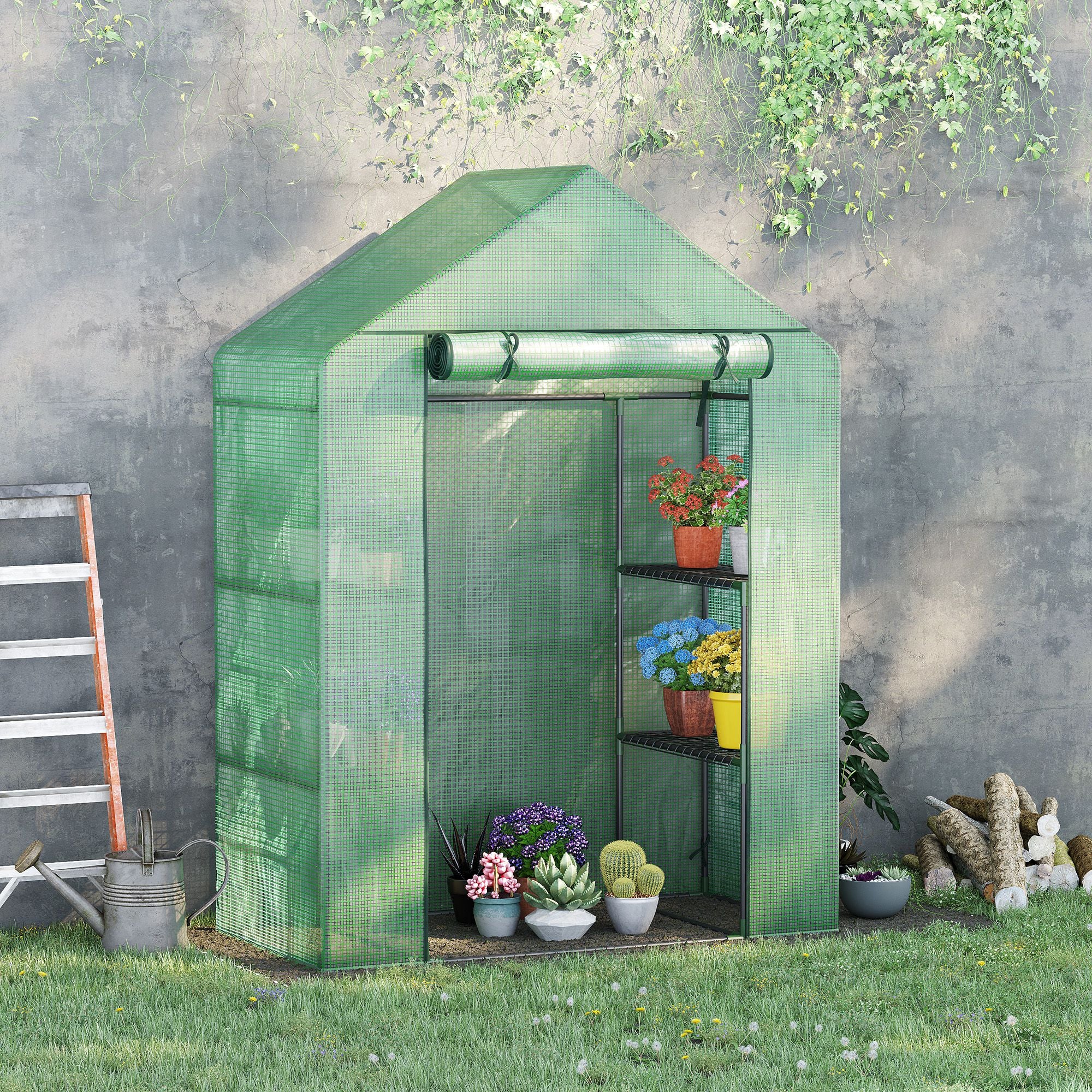 Portable Greenhouse, Walk-In with 2 Tier Shelf and Roll-Up Zippered Door, PE Cover