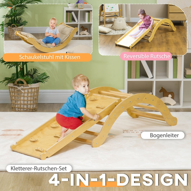 Children's Climbing Set, 4-in-1 Design with Arched Bridge, Rocking Swing, Cushion and Slide, Wood