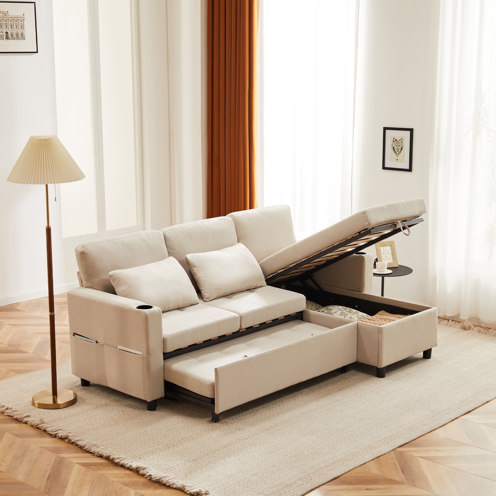 Sofa Bed, 3 Seater L-Shaped Sectional with Pull-out Storage, Convertible Settee for Living Room, Beige Fabric