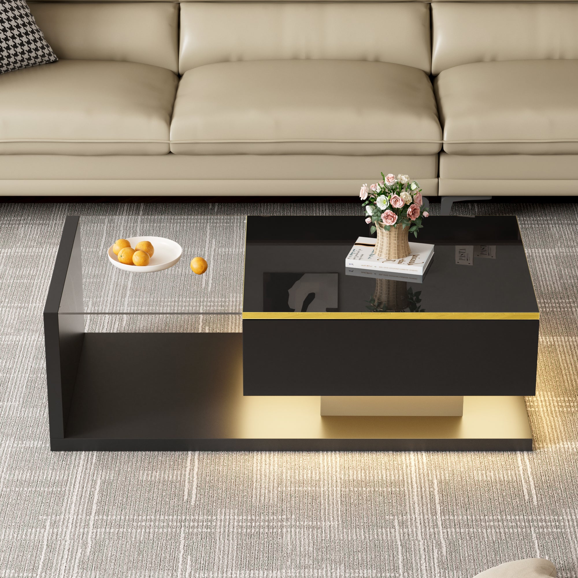 Coffee Table 100cm Long Glass LED Effect High-Gloss Black