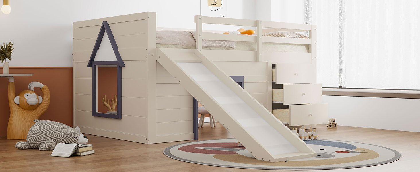 140 x 200 Low Loft Bed with Slide, Three Drawers and Two Doors, Cream