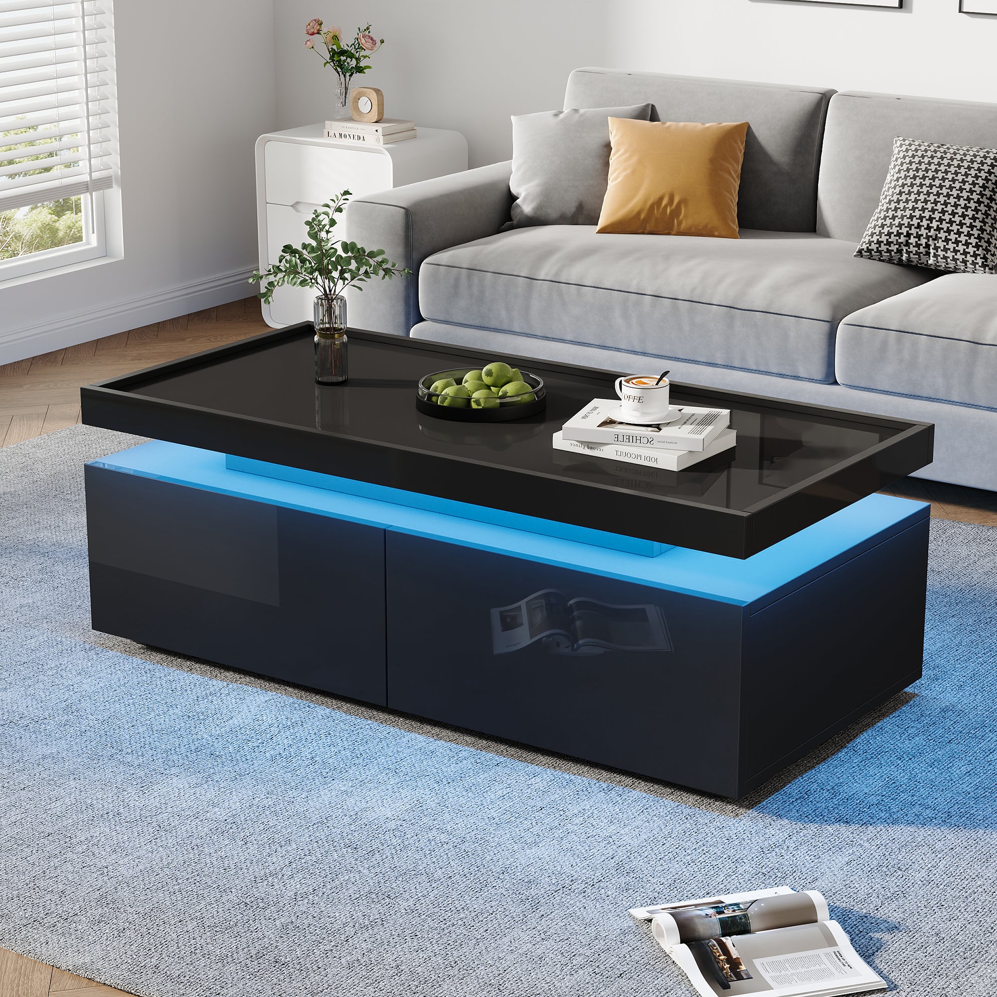 Coffee Table 95x45x35cm, LED, 2 Drawers, High-Gloss, Black