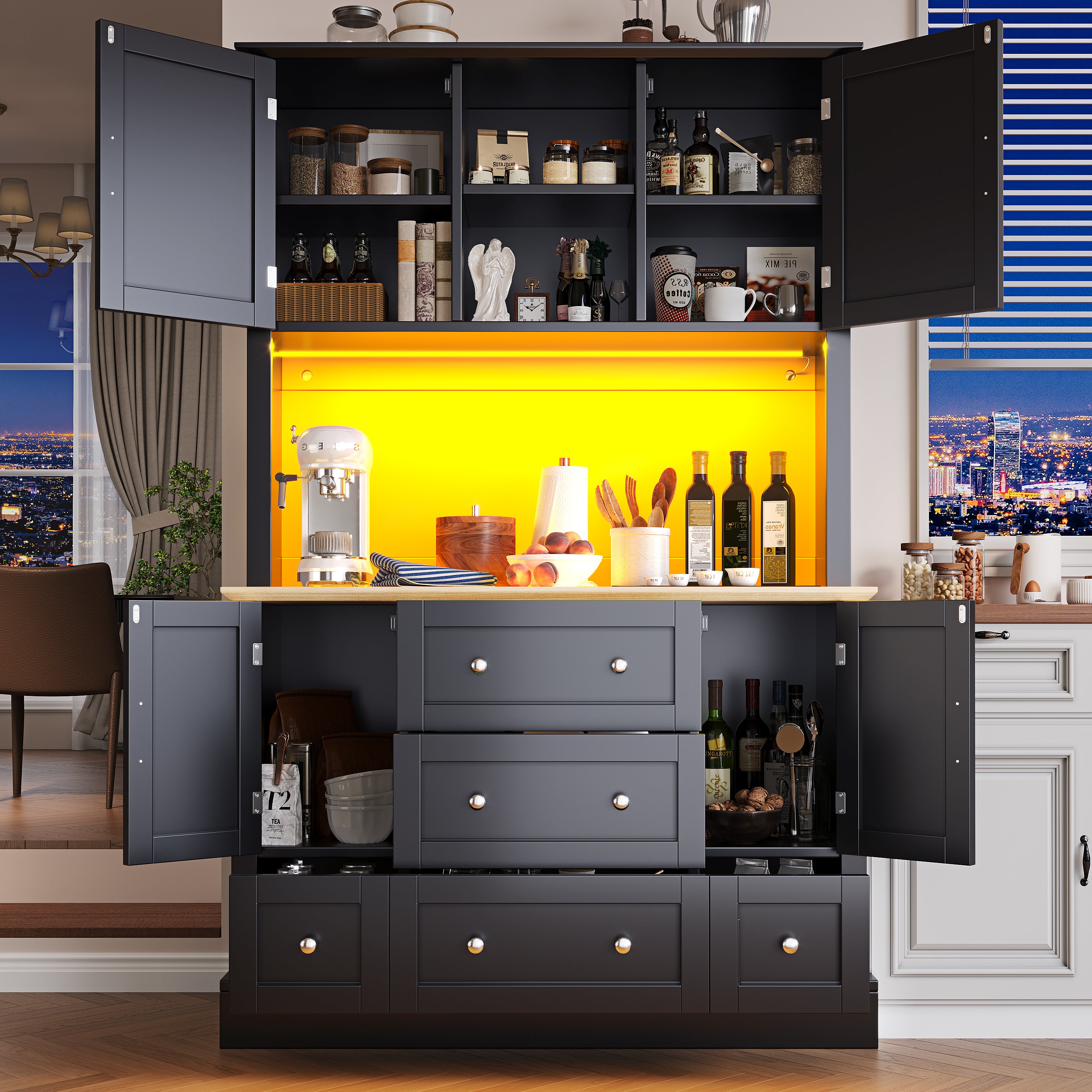 Tall Cabinet 115x180cm with LED App Control & Music, 4 Doors 5 Drawers Display Storage, Black