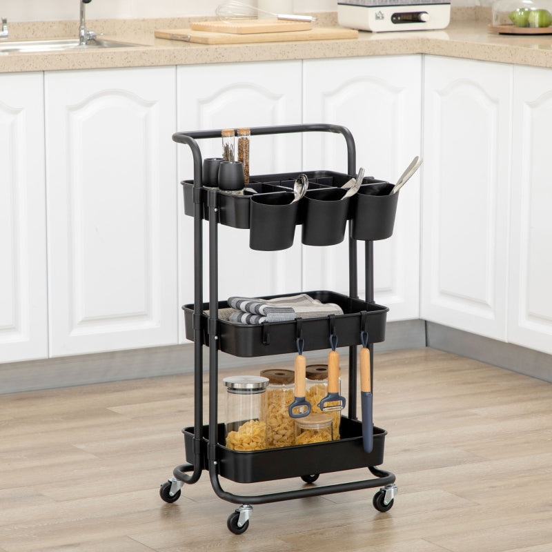 Three-Tier Home Trolley with Handle and Wheels, Black