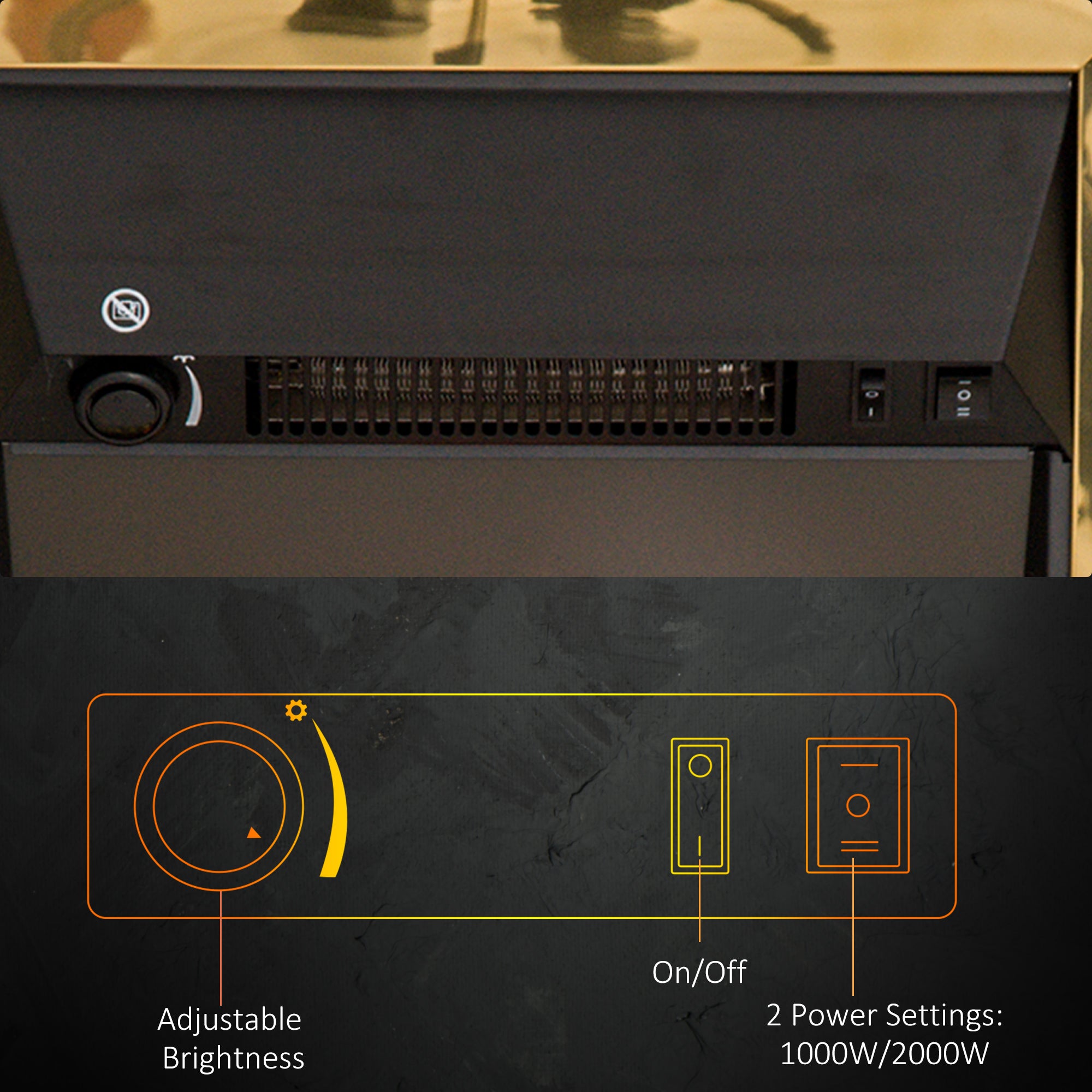 Electric Fireplace, Freestanding Flame Effect 1000/2000W, Gold