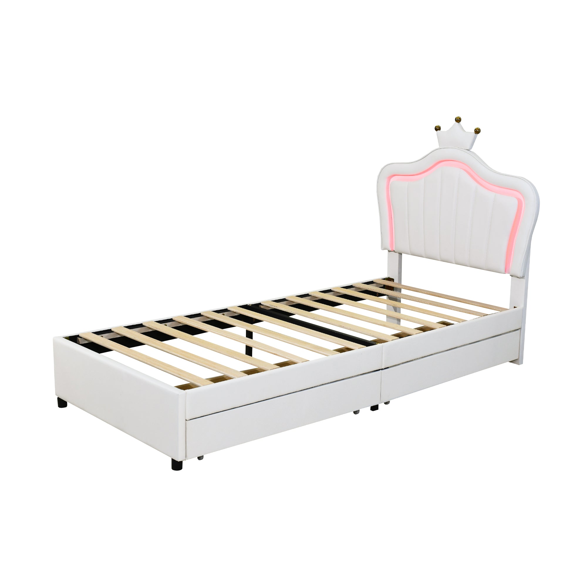 Children's Bed Upholstered Single Crown Girl's with Storage Drawers & LED Lights, White PU Leather
