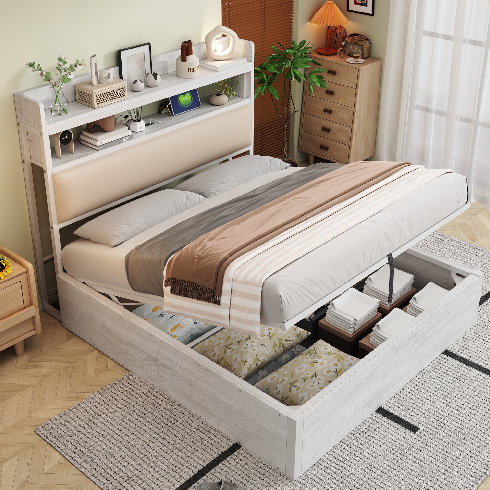 Bed Frame 140x200, Hydraulic Lift, USB, Upholstered Headboard, Wood & Metal, White