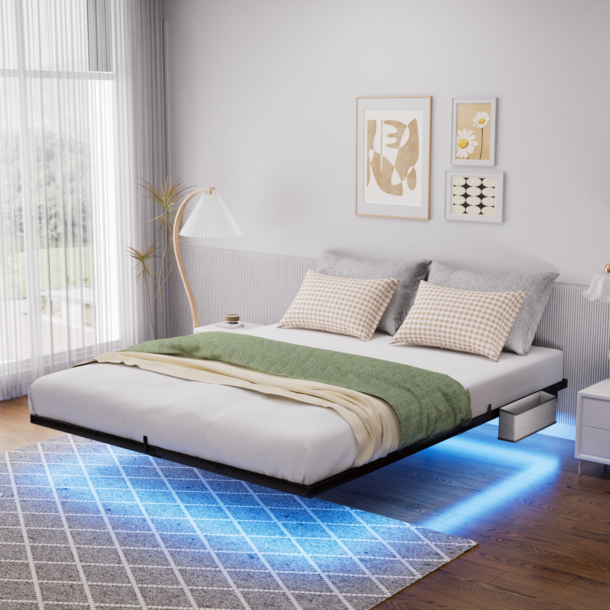 Floating Metal Bed 140x200cm, LED Lights, Black