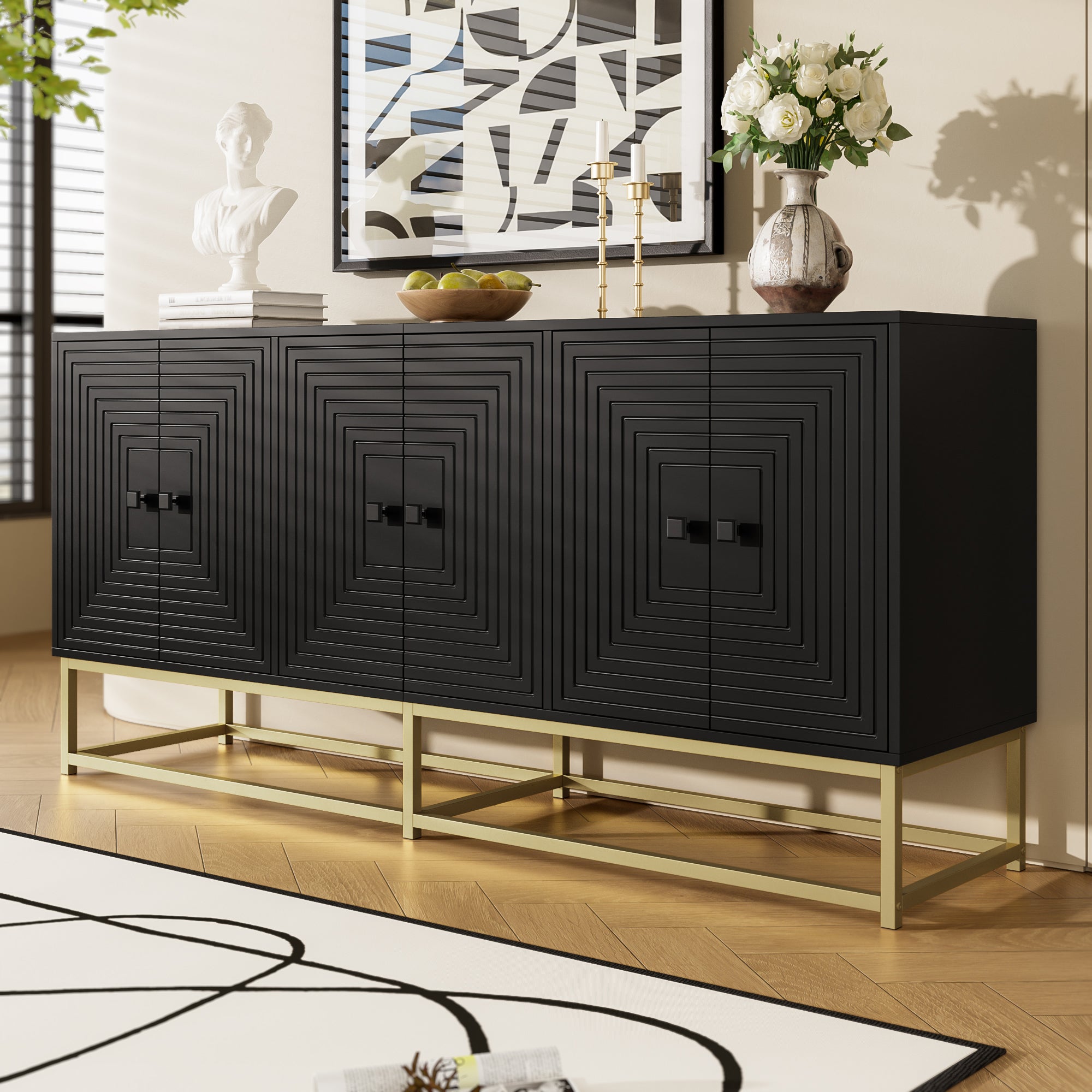 Storage Cabinet Sideboard with 3 Double Doors, Large Storage, Matte Black