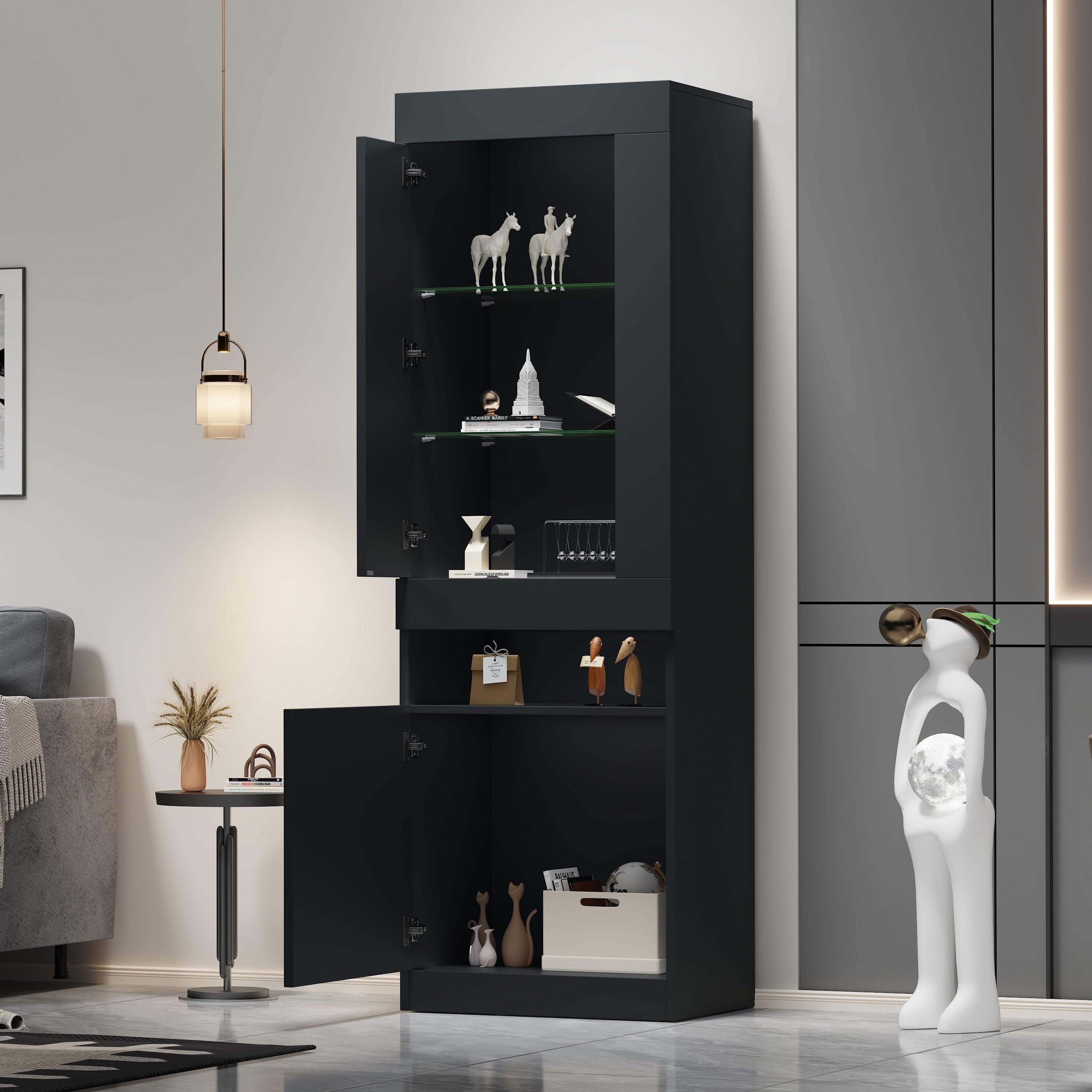 Display Cabinet LED Freestanding Storage - Black
