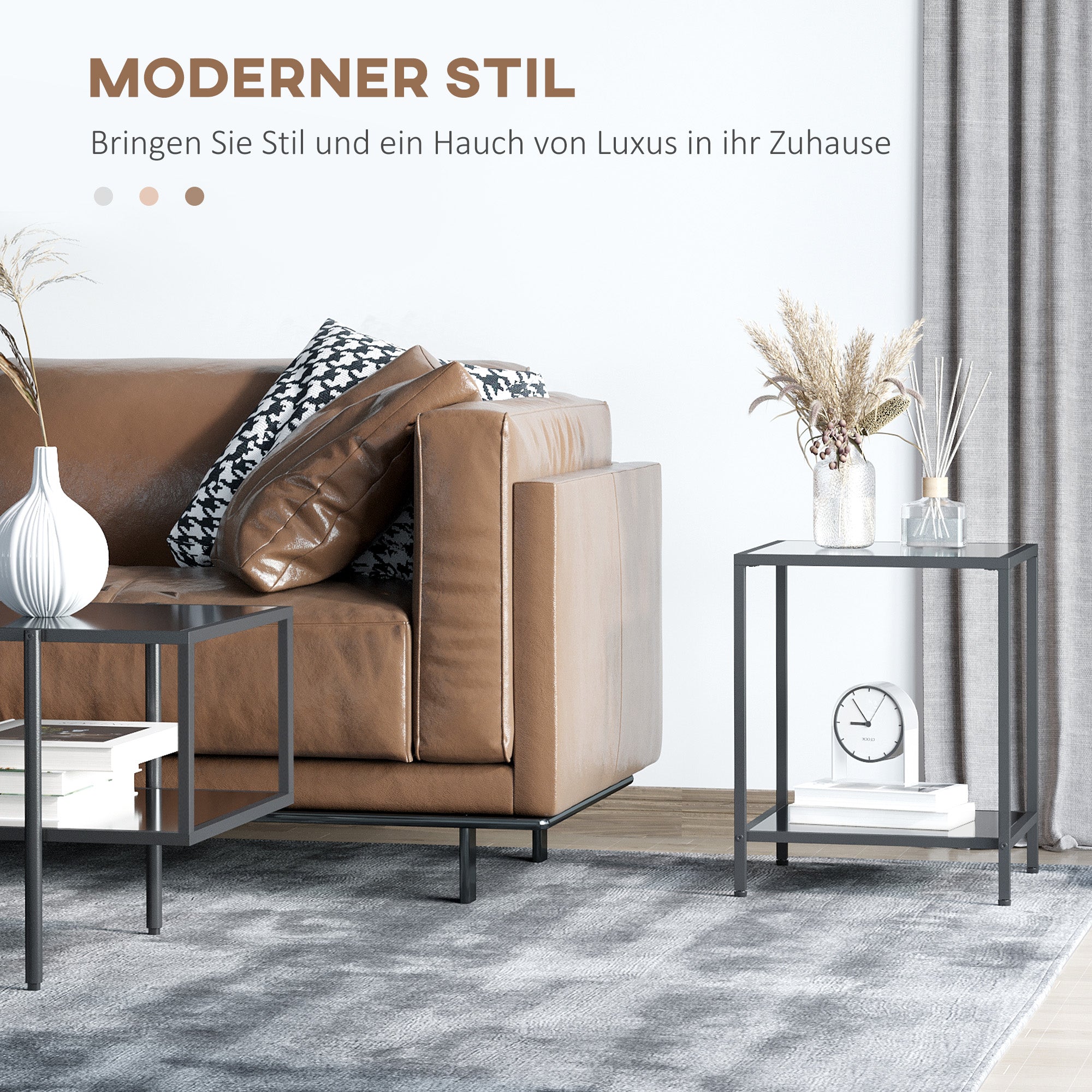 Side Table, 2-Tier Coffee Table, 40 x 40 x 50 cm, Tempered Glass Steel, Black