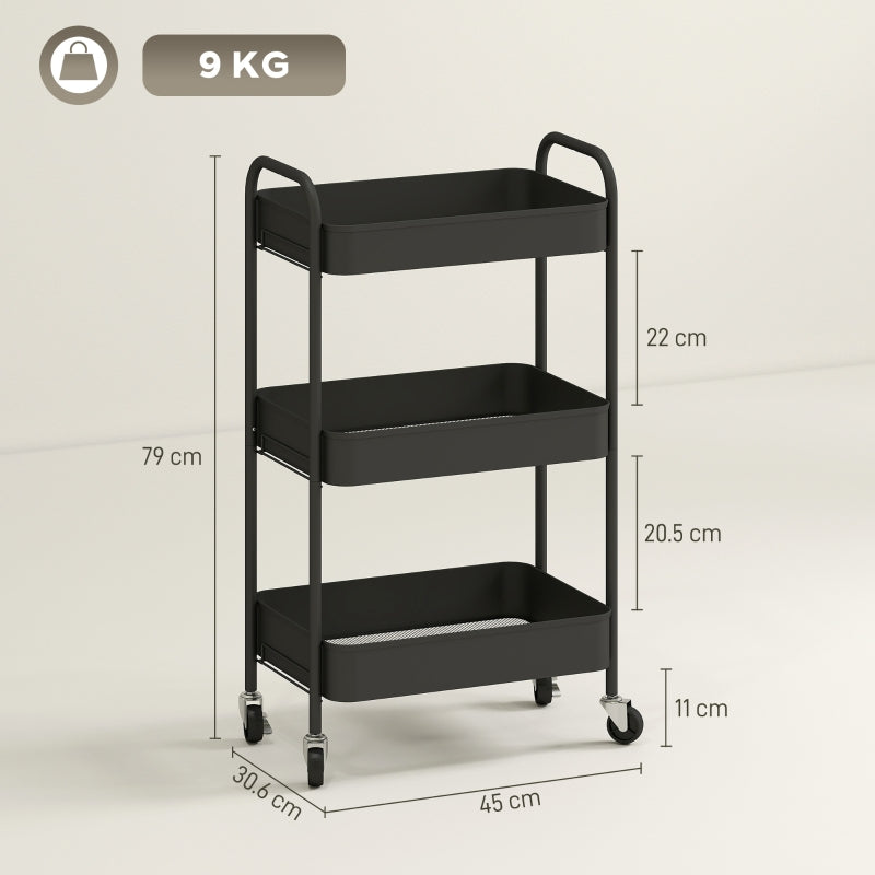 Three-Tier Storage Trolley, Steel, Black