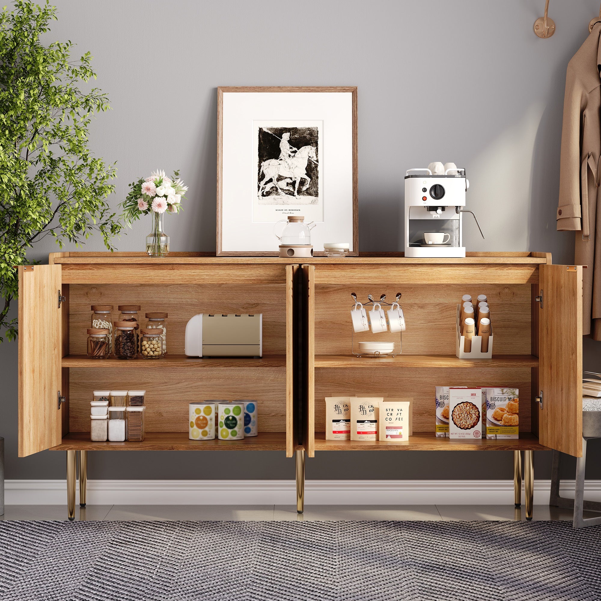 Sideboard, Buffet Storage Cabinet 140L x 38W x 75H cm, Natural MDF