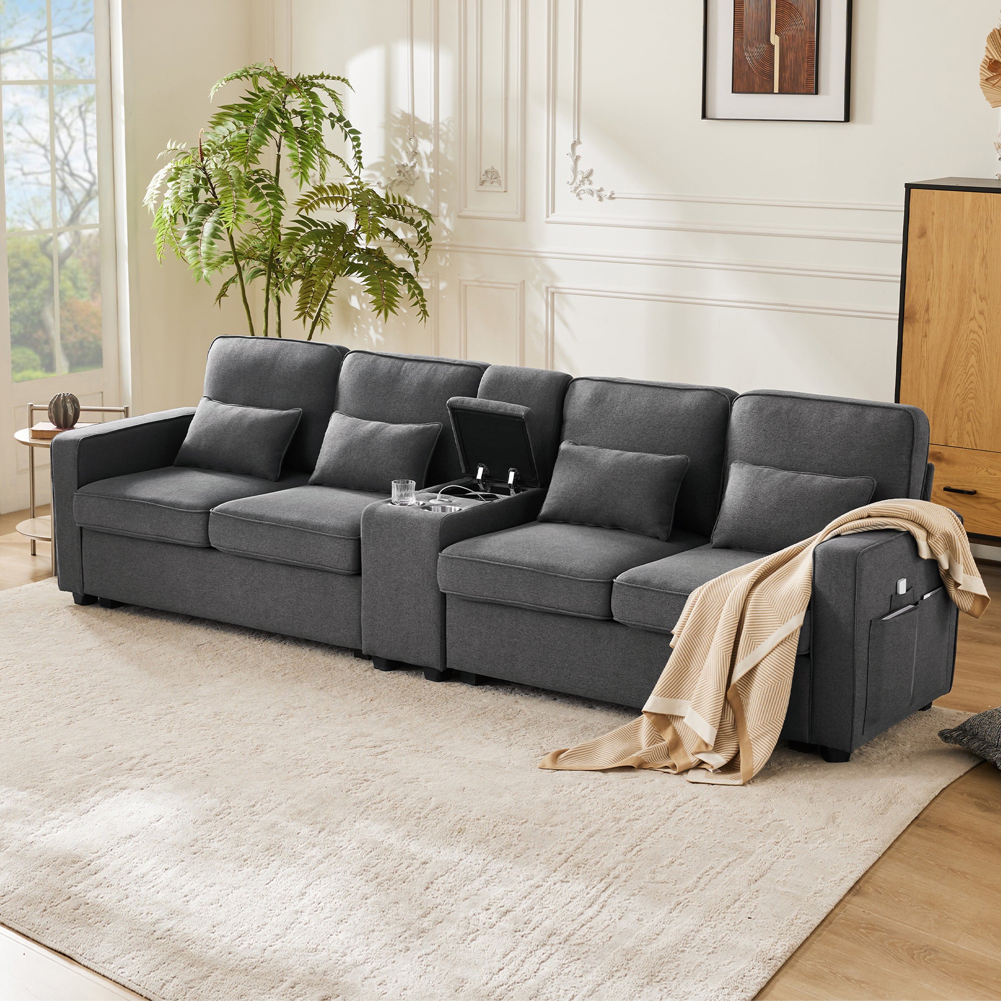 Sofa, Modern 4-Seater with Console, USB, Cupholders, Linen Fabric