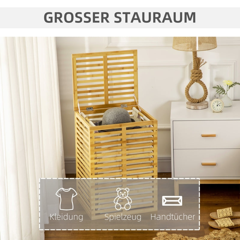 Bamboo Laundry Basket, 63L, Removable Bag, Natural Wood