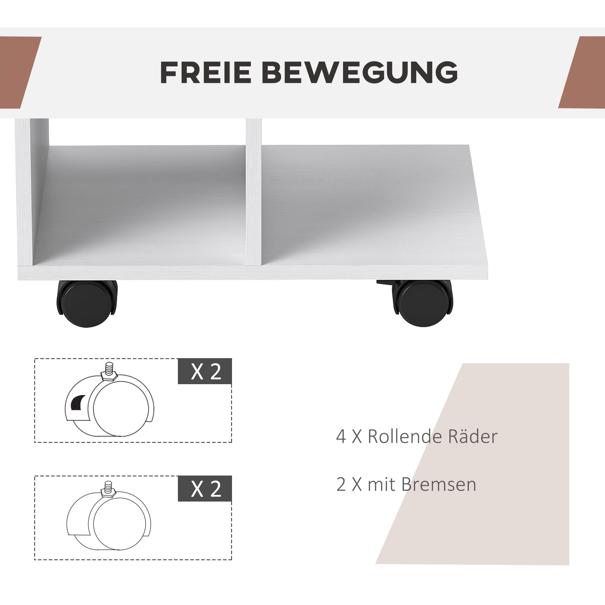 C-shaped Side Table Portable with Wheels 45 x 35 x 58 cm, White