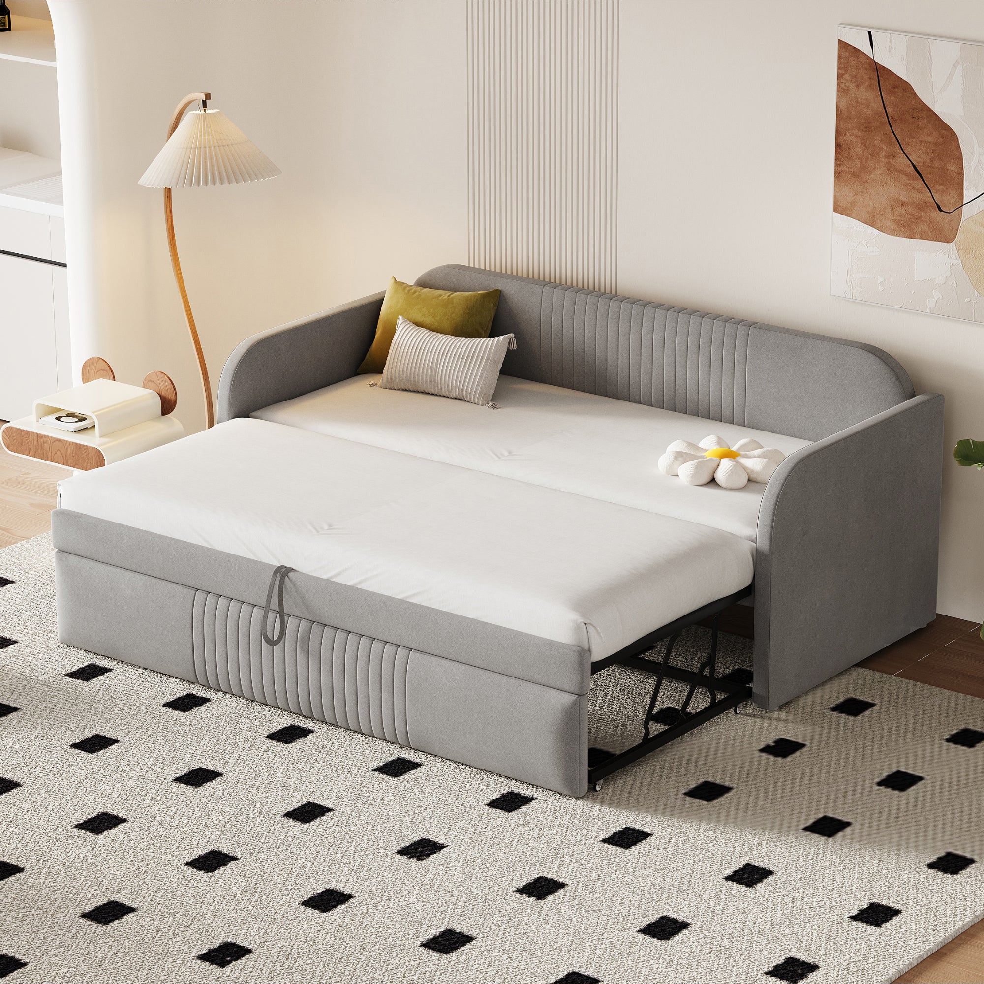 Upholstered Bed, Pull-Out Sofa Bed with Slatted Frame, Multifunctional, Light Grey Linen