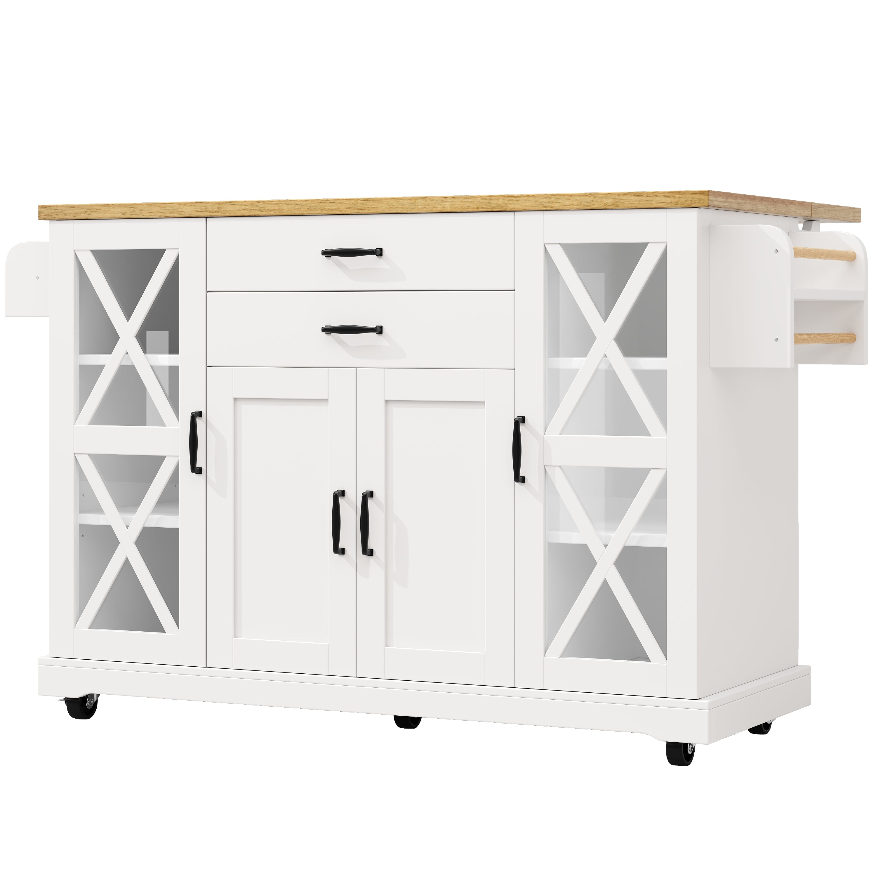 Mobile Kitchen Island Serving Trolley 4 Doors Glass Drawers Adjustable Shelves - White