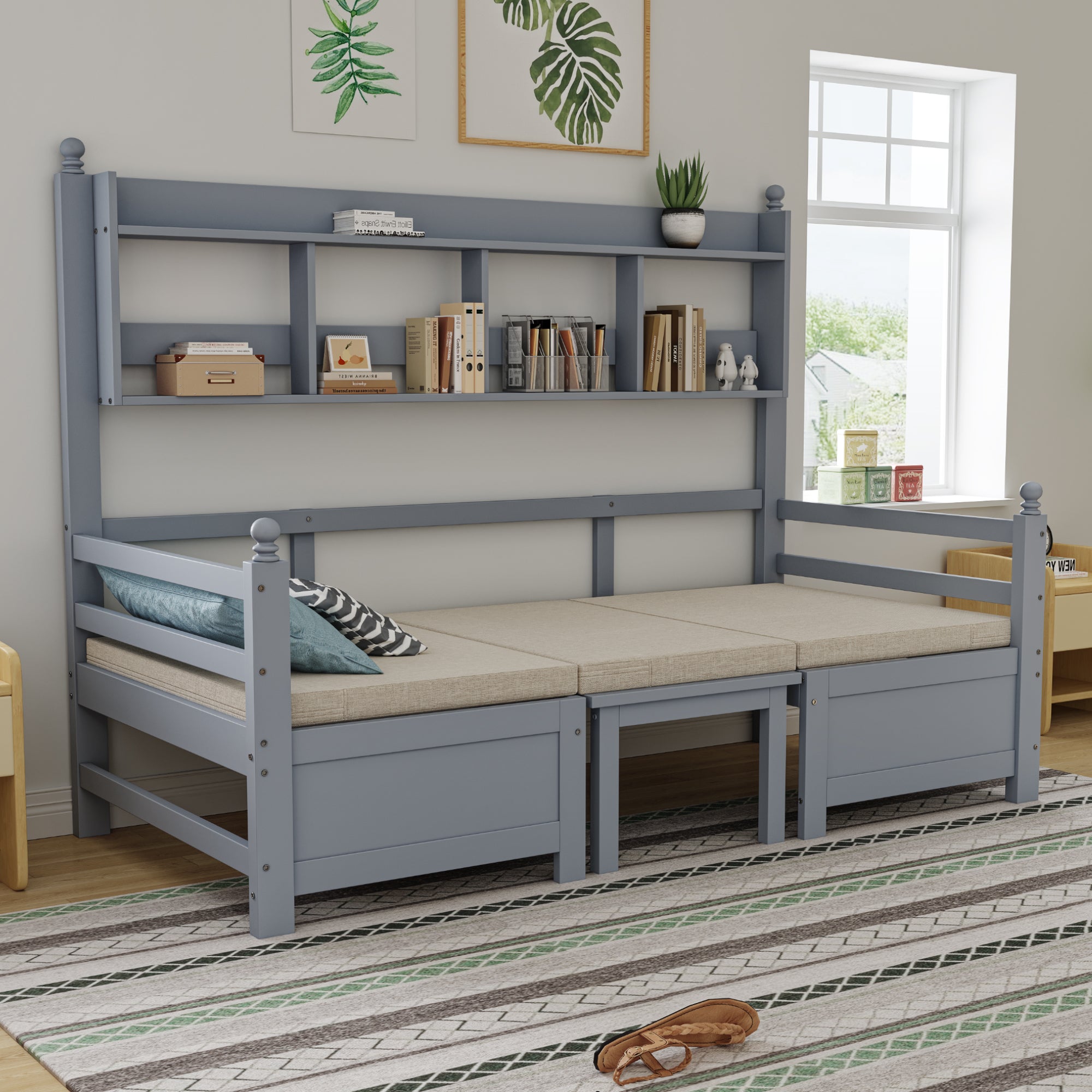 Sofa Bed, Multifunctional 2-in-1 Bed & Desk with Bookshelf, Solid Wood Gray