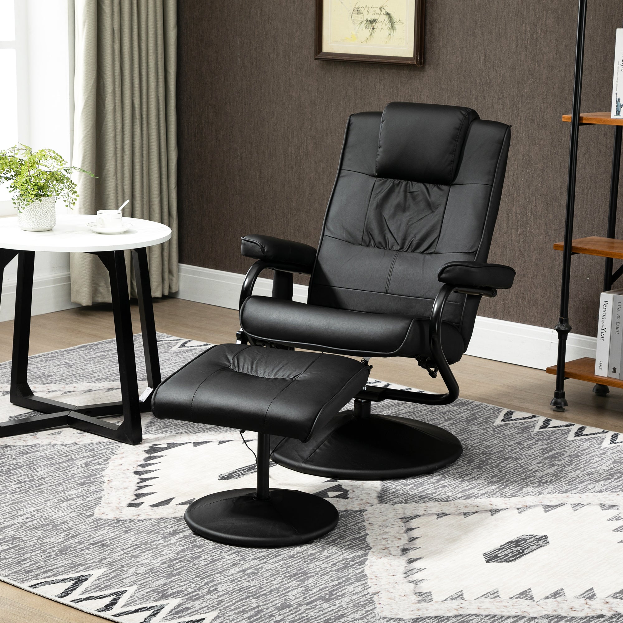 Swivel Recliner Chair and Footstool, Massage Armchair with Remote Control, Black Faux Leather