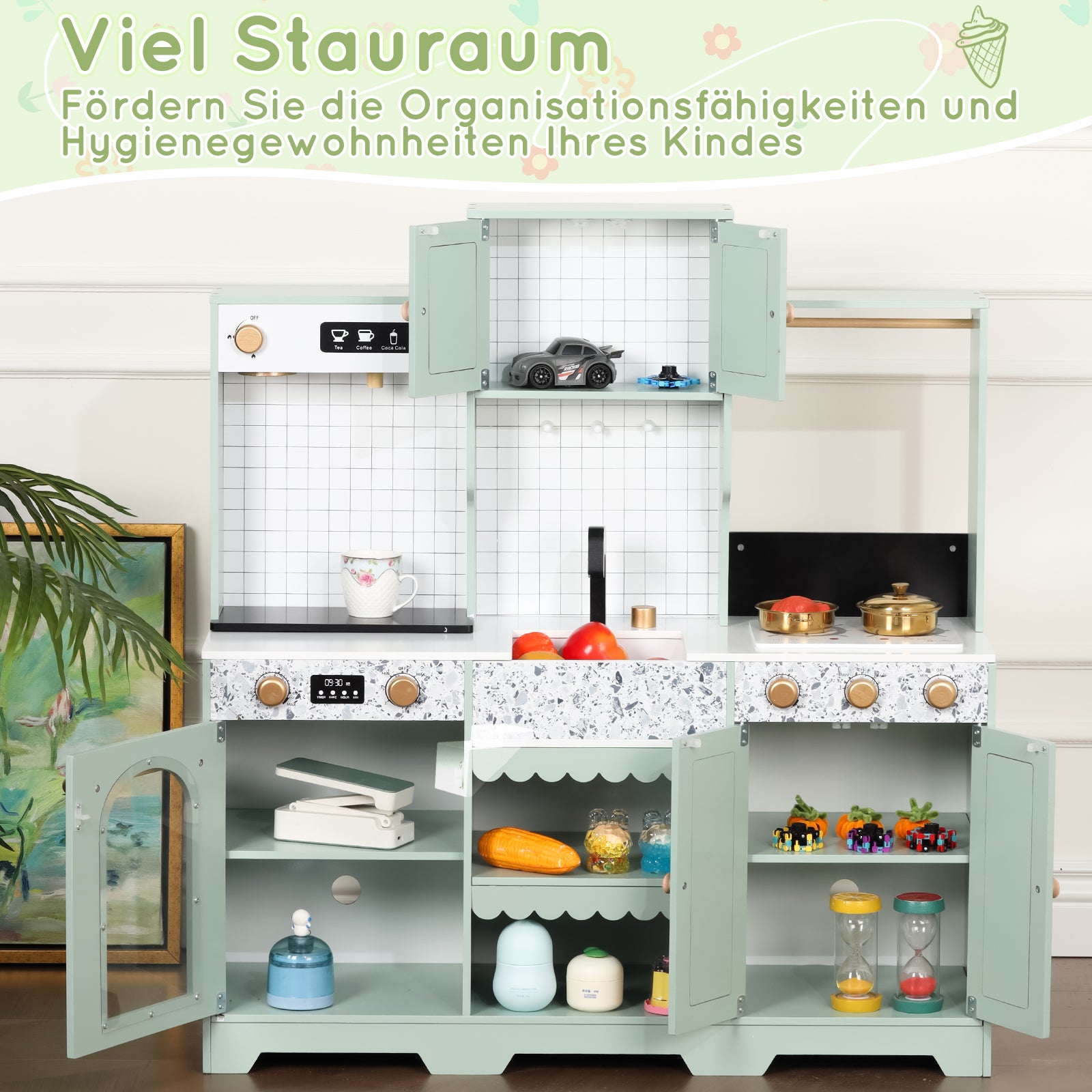 Children's Play Kitchen with Accessories and Creative Design, Green Wood and Plastic