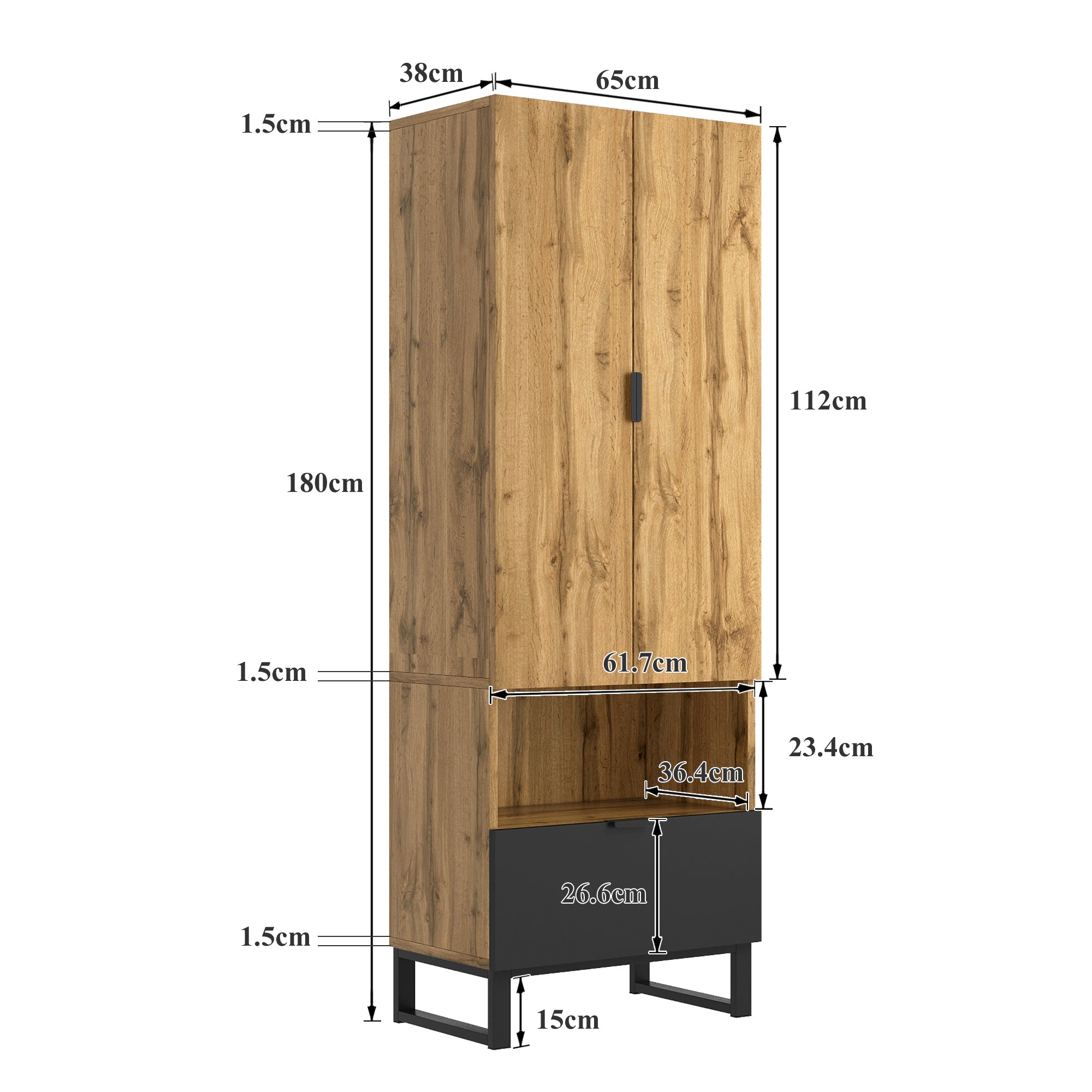 Wardrobe, 1 Drawer, Adjustable Shelves, Clothes Rail, Wood and Black