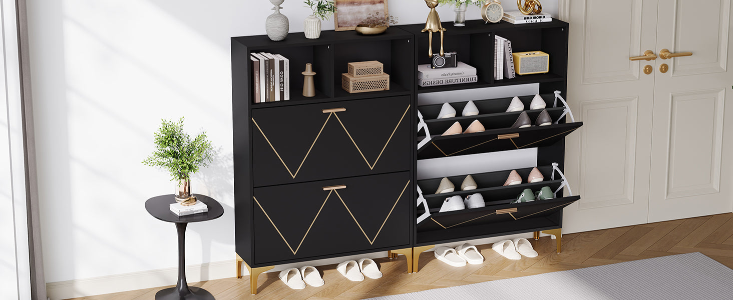 Shoe Cabinet with 4 Drop-Down Doors, 8 Compartments, 4 Semi-Open Shelves, Raised Legs, MDF + Metal