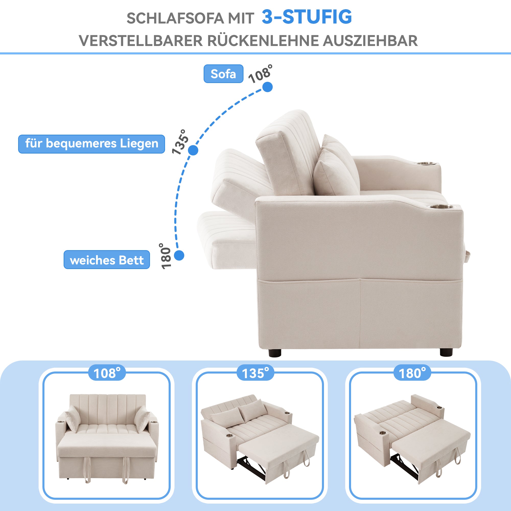 Multifunctional Sofa Sleeper Double Adjustable Backrest Drink Holder Cushions